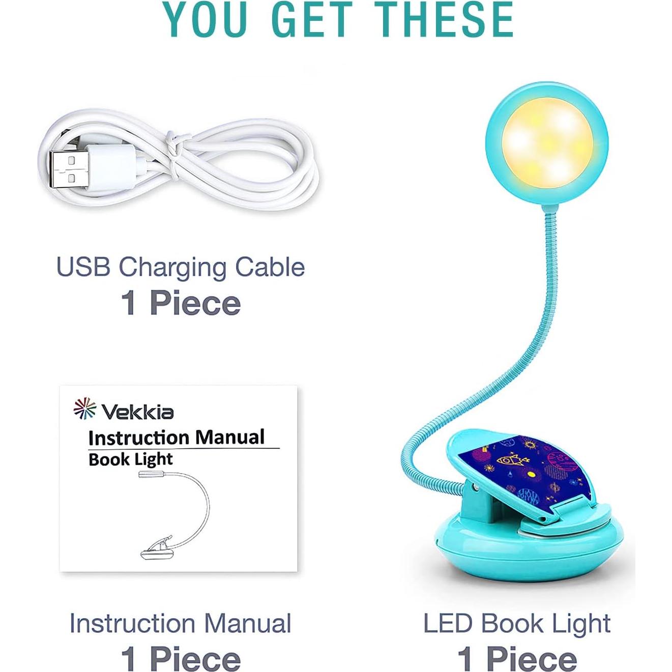 Lámpara de Libro Recargable Vekkia Azul, Luz de Lectura 3 Brillos
