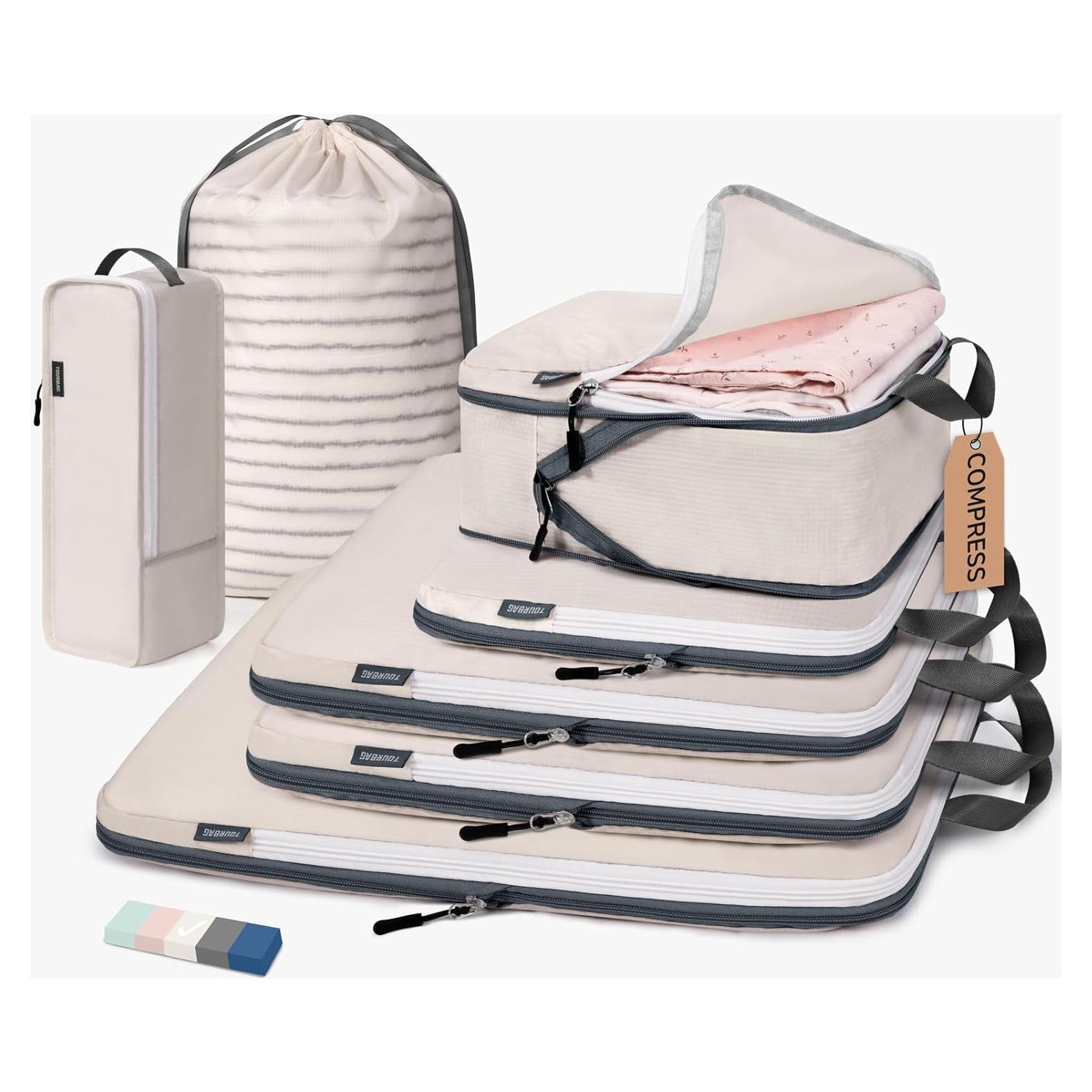 CherryNow Compression Packing Cubes, 7 Set Packing Cubes for Travel Women, Travel Essentials for Backpack, Beige