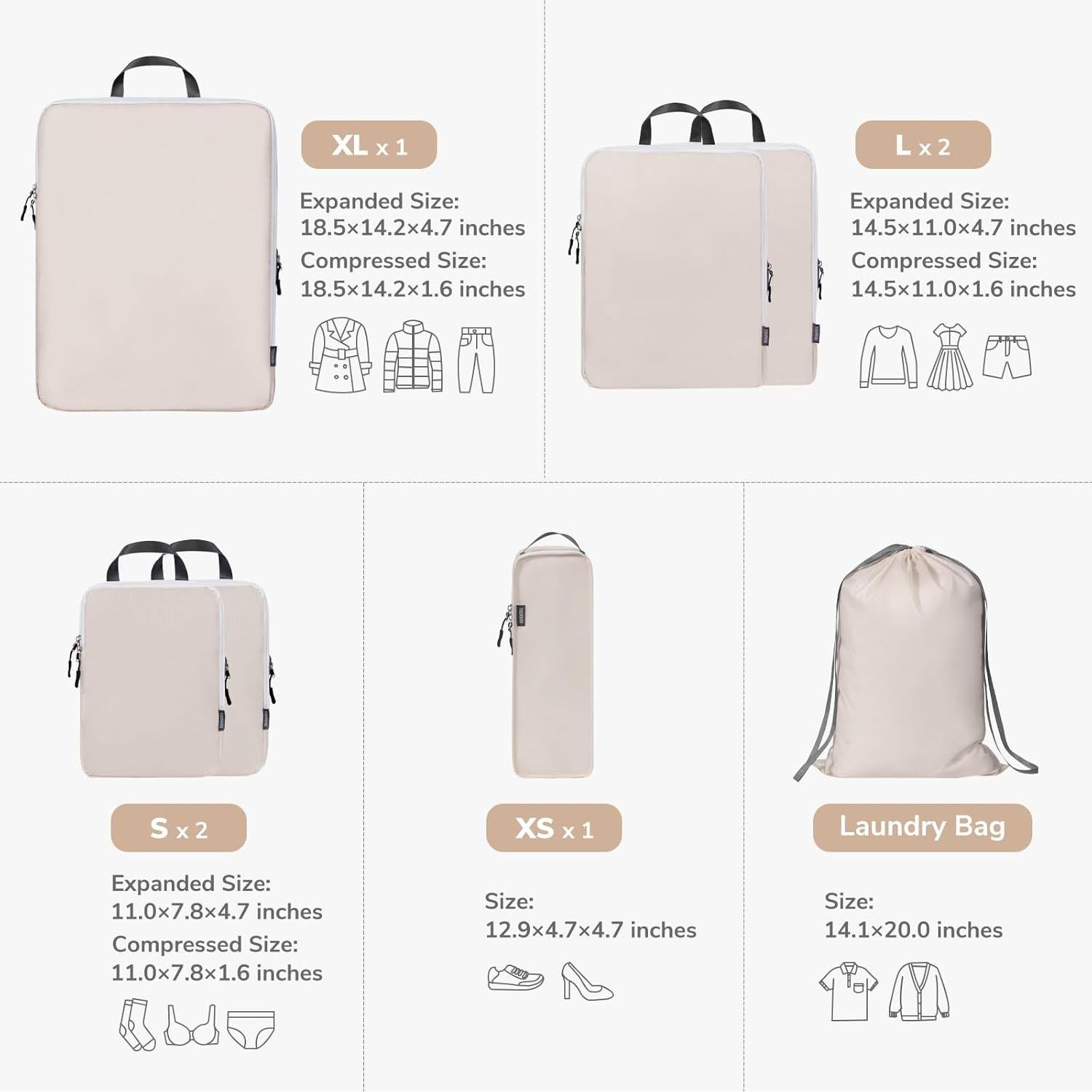 CherryNow Compression Packing Cubes, 7 Set Packing Cubes for Travel Women, Travel Essentials for Backpack, Beige