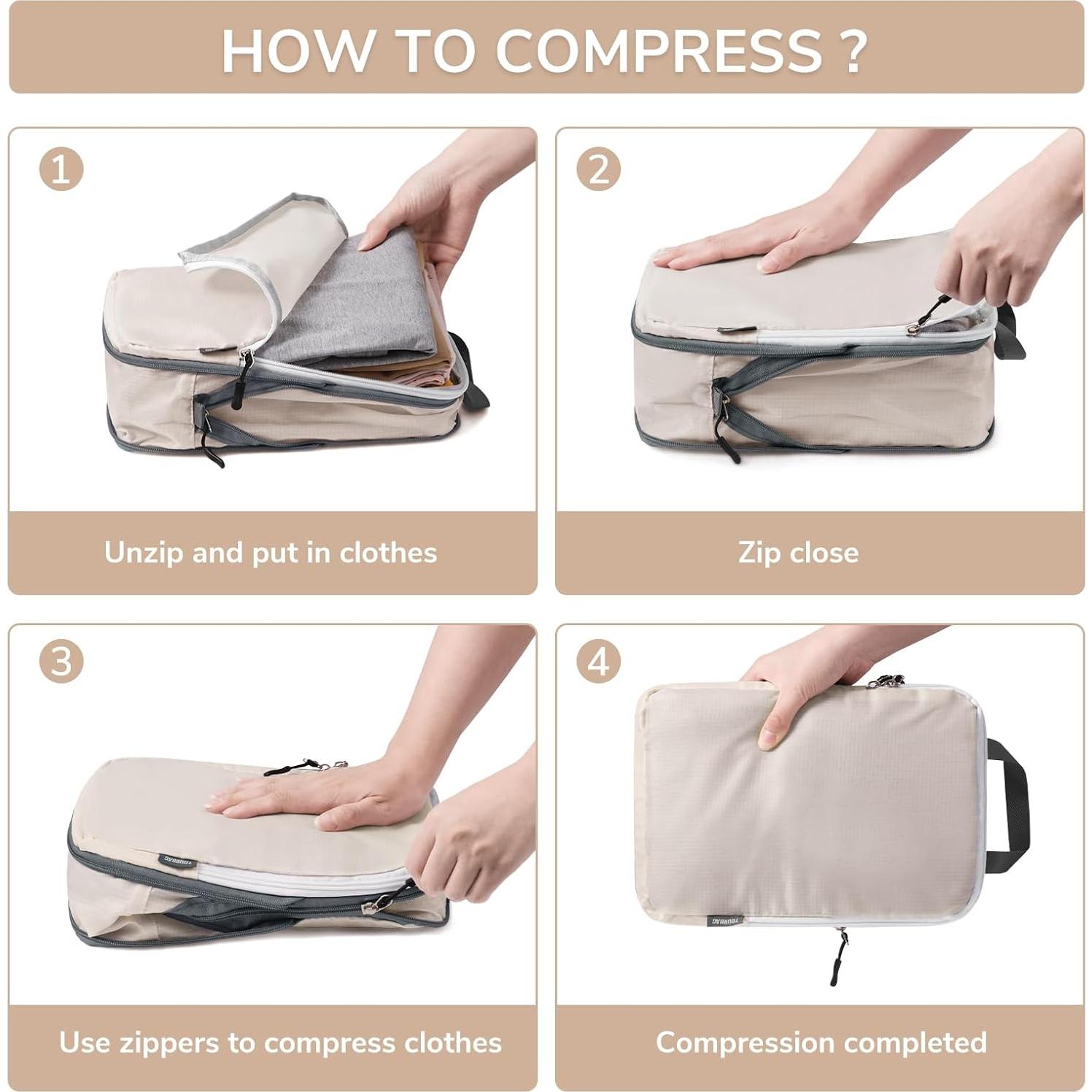 CherryNow Compression Packing Cubes, 7 Set Packing Cubes for Travel Women, Travel Essentials for Backpack, Beige