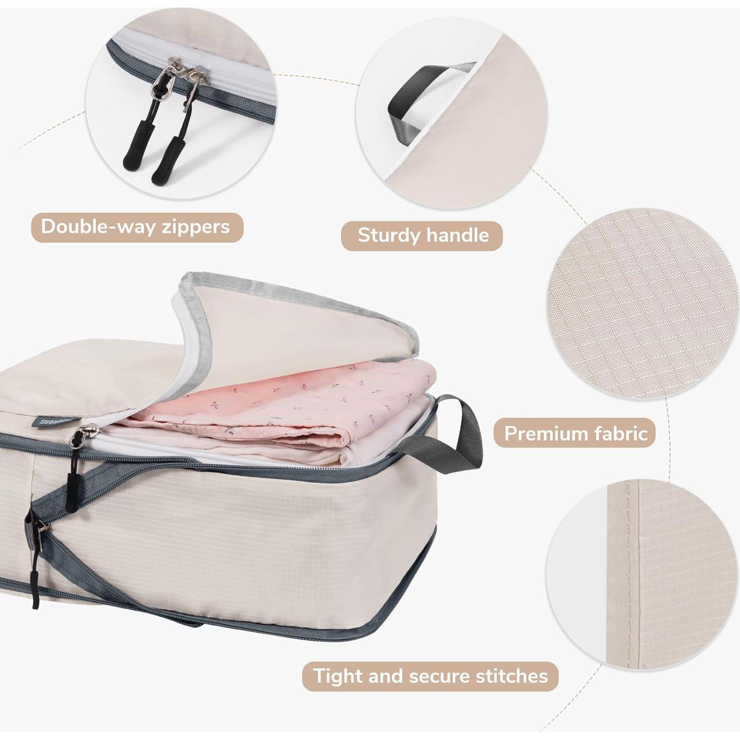 CherryNow Compression Packing Cubes, 7 Set Packing Cubes for Travel Women, Travel Essentials for Backpack, Beige