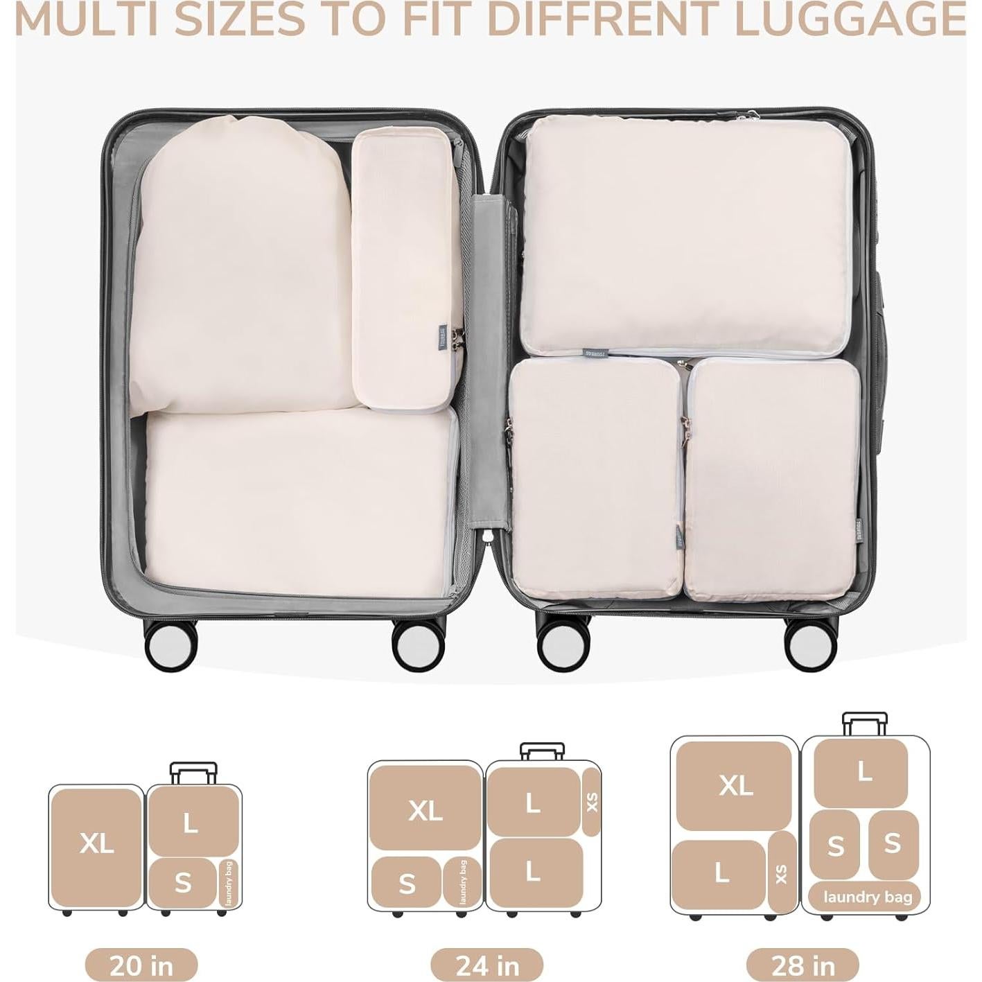 CherryNow Compression Packing Cubes, 7 Set Packing Cubes for Travel Women, Travel Essentials for Backpack, Beige