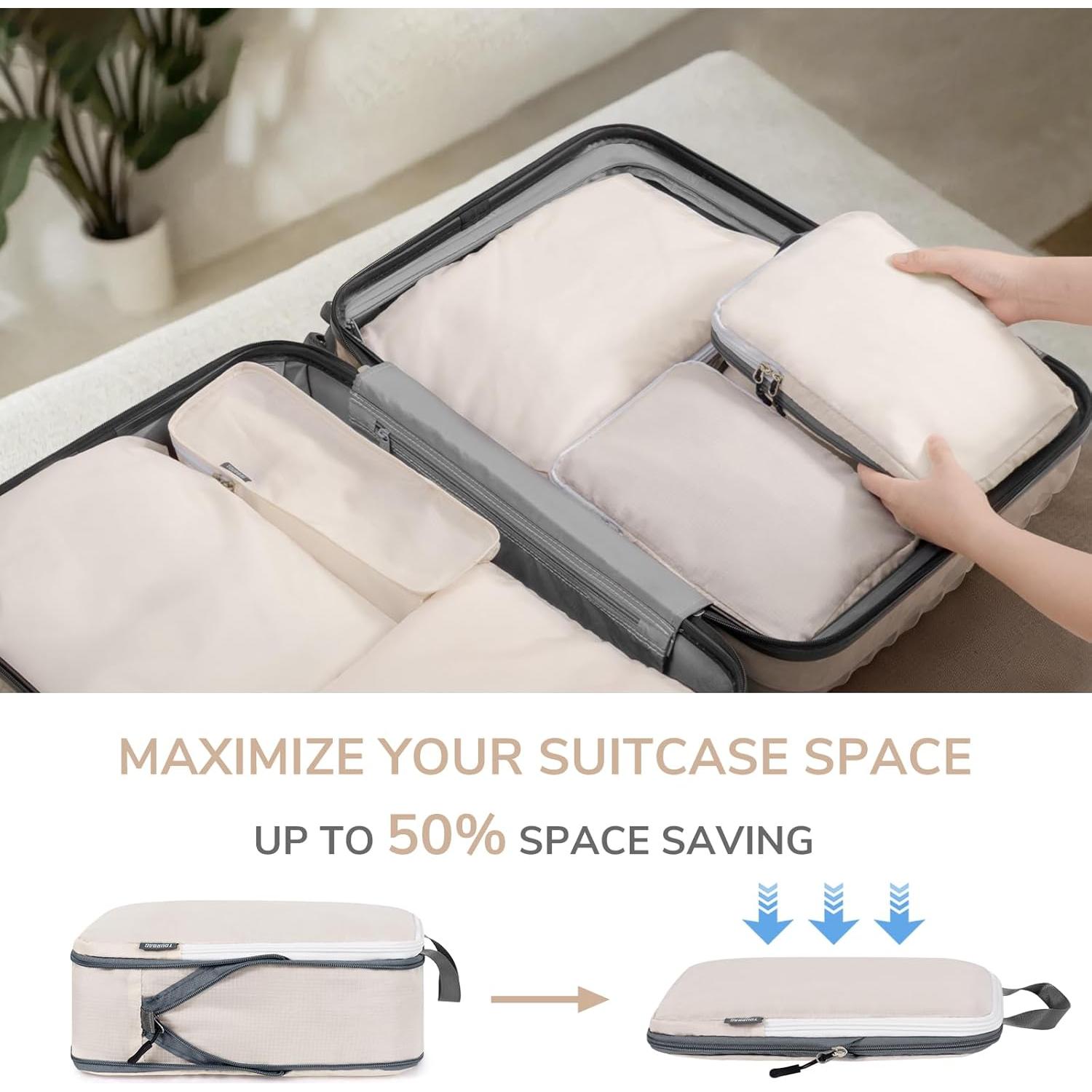 CherryNow Compression Packing Cubes, 7 Set Packing Cubes for Travel Women, Travel Essentials for Backpack, Beige