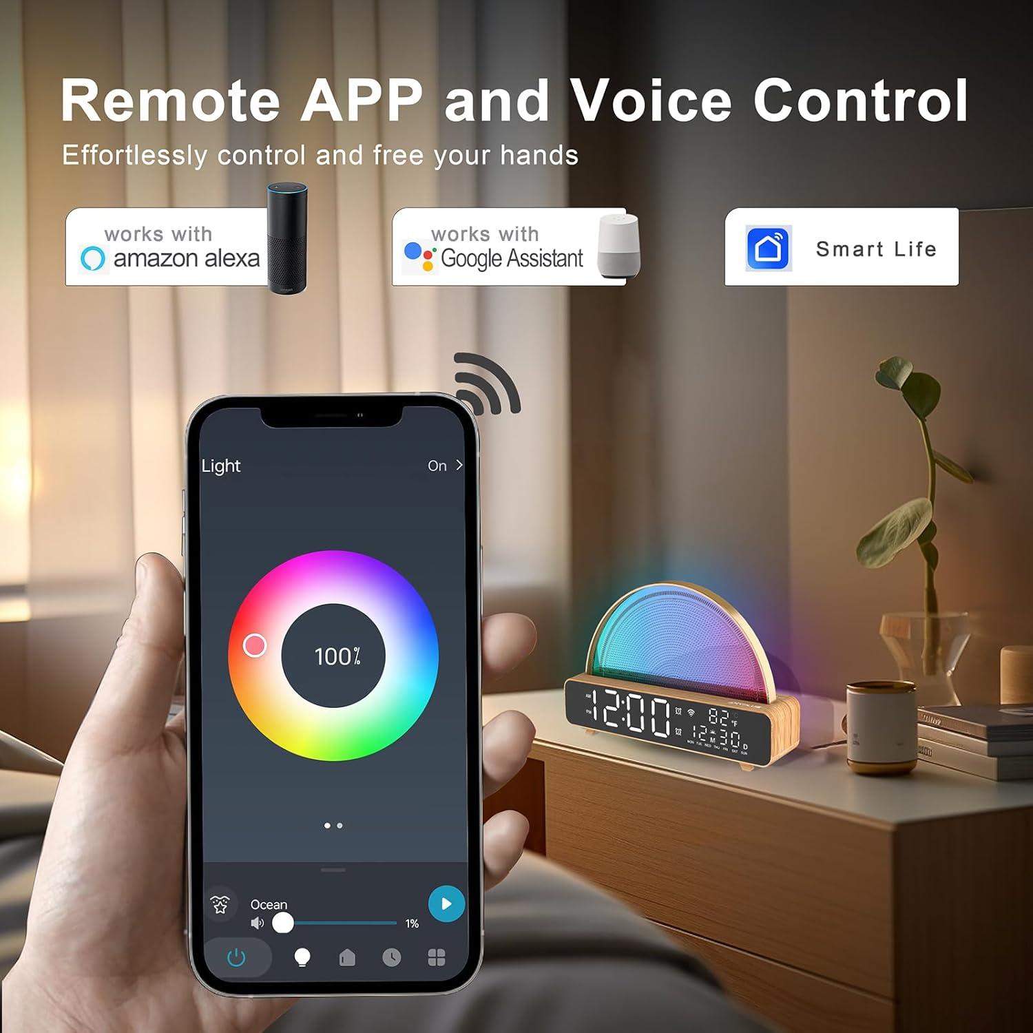White Noise Sound Machine, Sunrise Alarm Clock APP/AI Voice Control Work for Bedroom, Sound Machine for Sleep with Touch Night Light, Sleep Aid, Snooze Timer, Dual Alarms, Sunrise Simulation