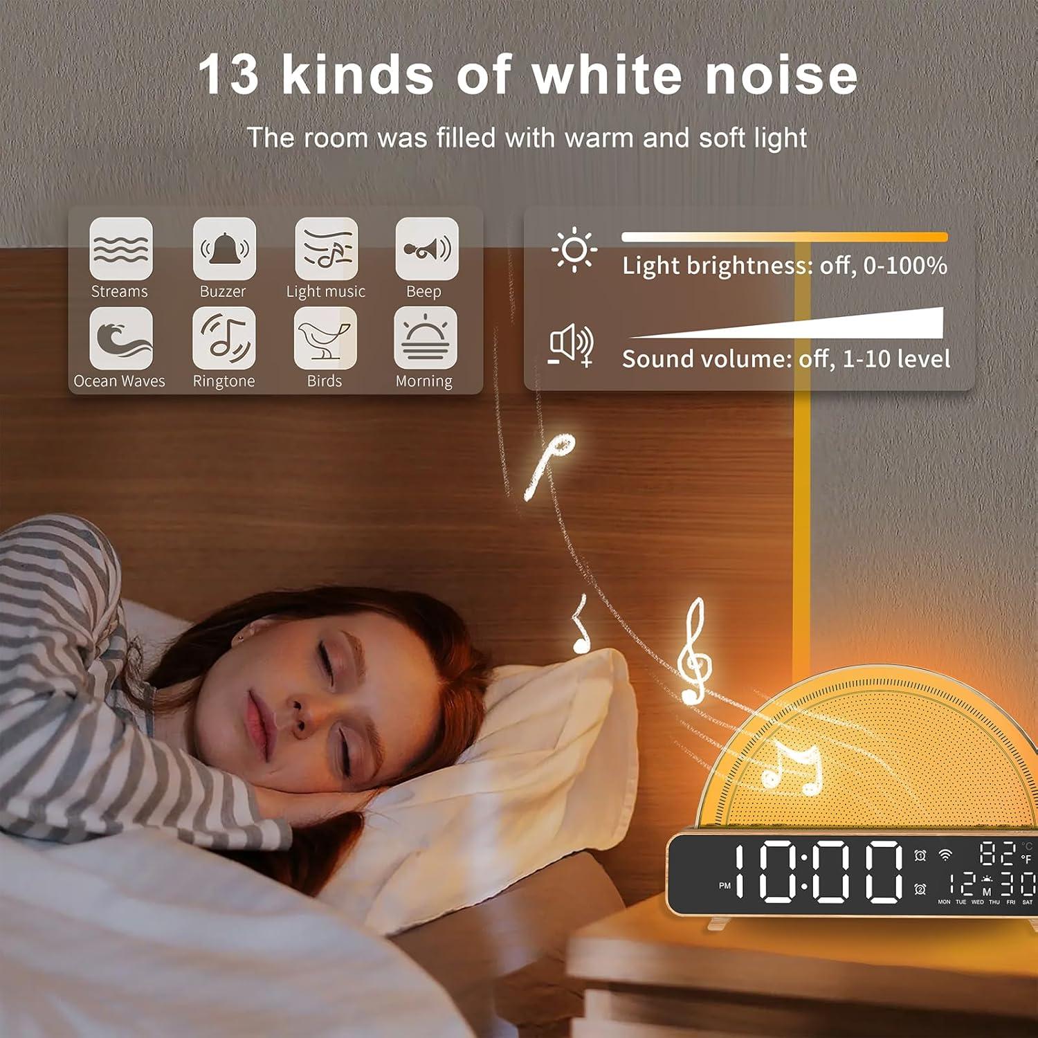 White Noise Sound Machine, Sunrise Alarm Clock APP/AI Voice Control Work for Bedroom, Sound Machine for Sleep with Touch Night Light, Sleep Aid, Snooze Timer, Dual Alarms, Sunrise Simulation