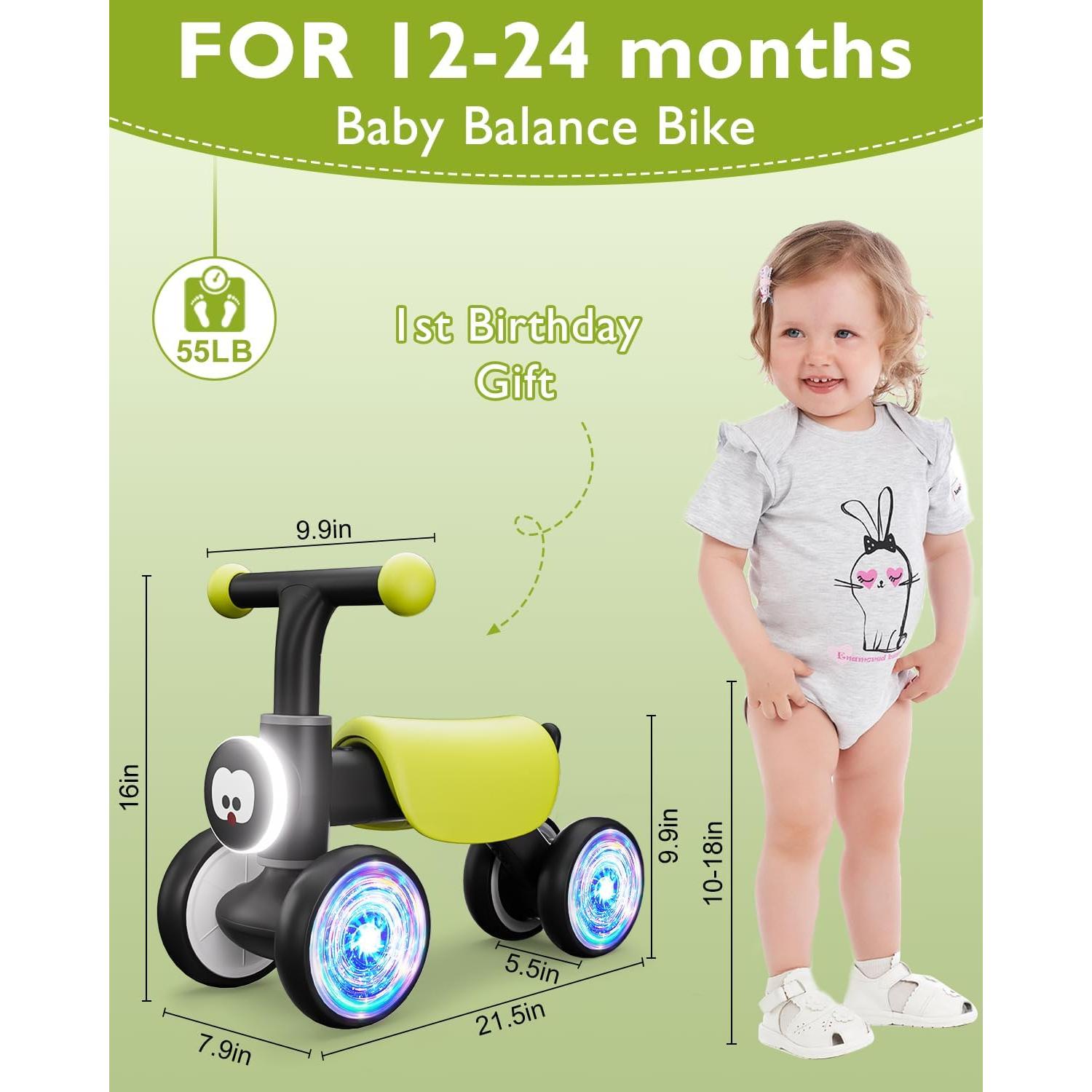 Colorful Glow Wheel Toddler Balance Bike,Baby Toys for 1 Year Old Boy Girls,12-24 Months Baby Balance Bike with Soft Music Cute Animal Sound,1st Birthday Gifts