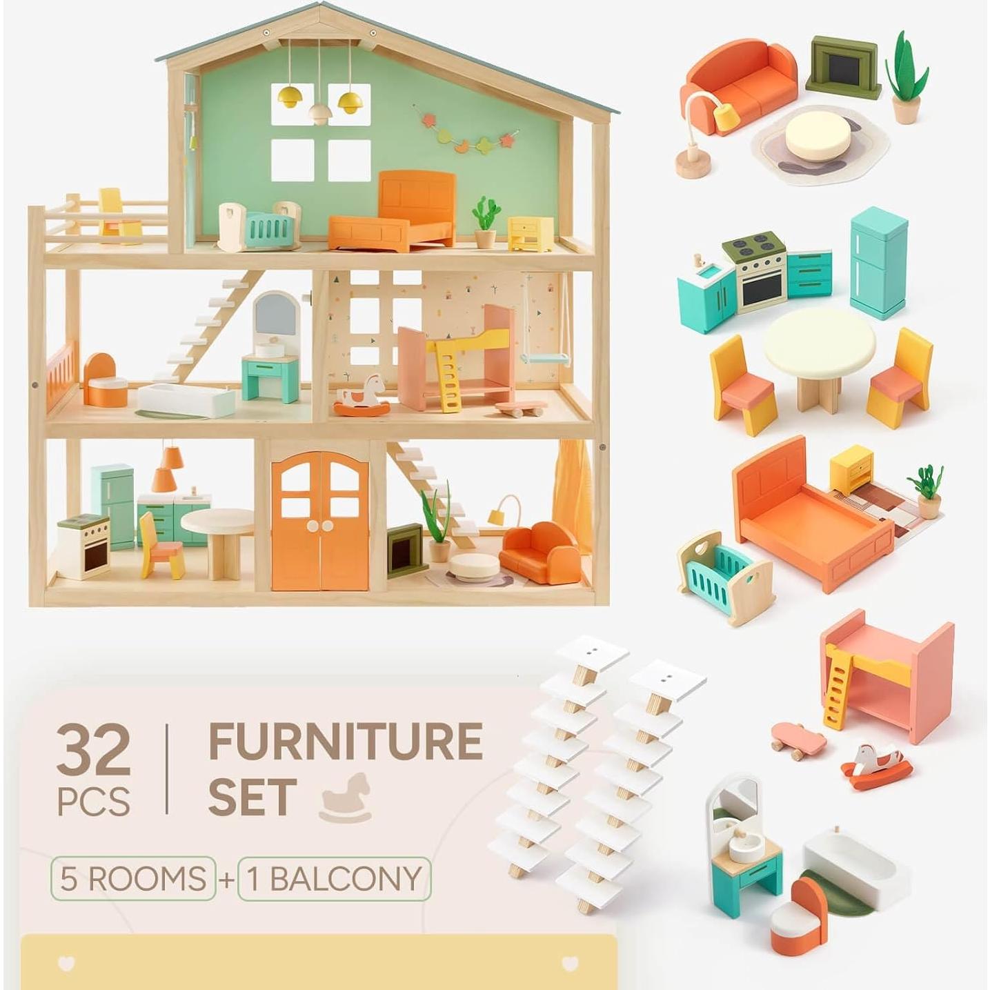 Casa de Muñecas de Madera Giant Bean 3 Pisos 32 Accesorios