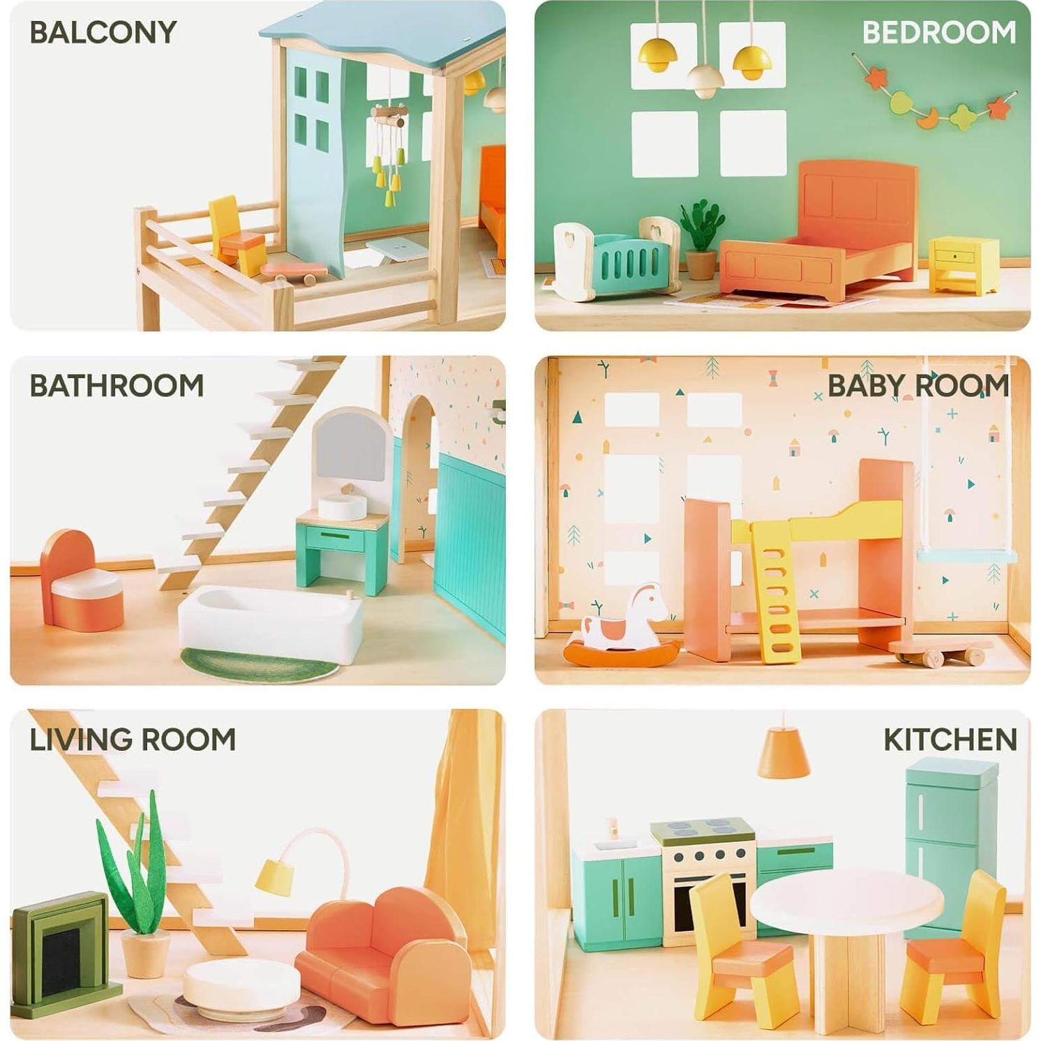 Casa de Muñecas de Madera Giant Bean 3 Pisos 32 Accesorios