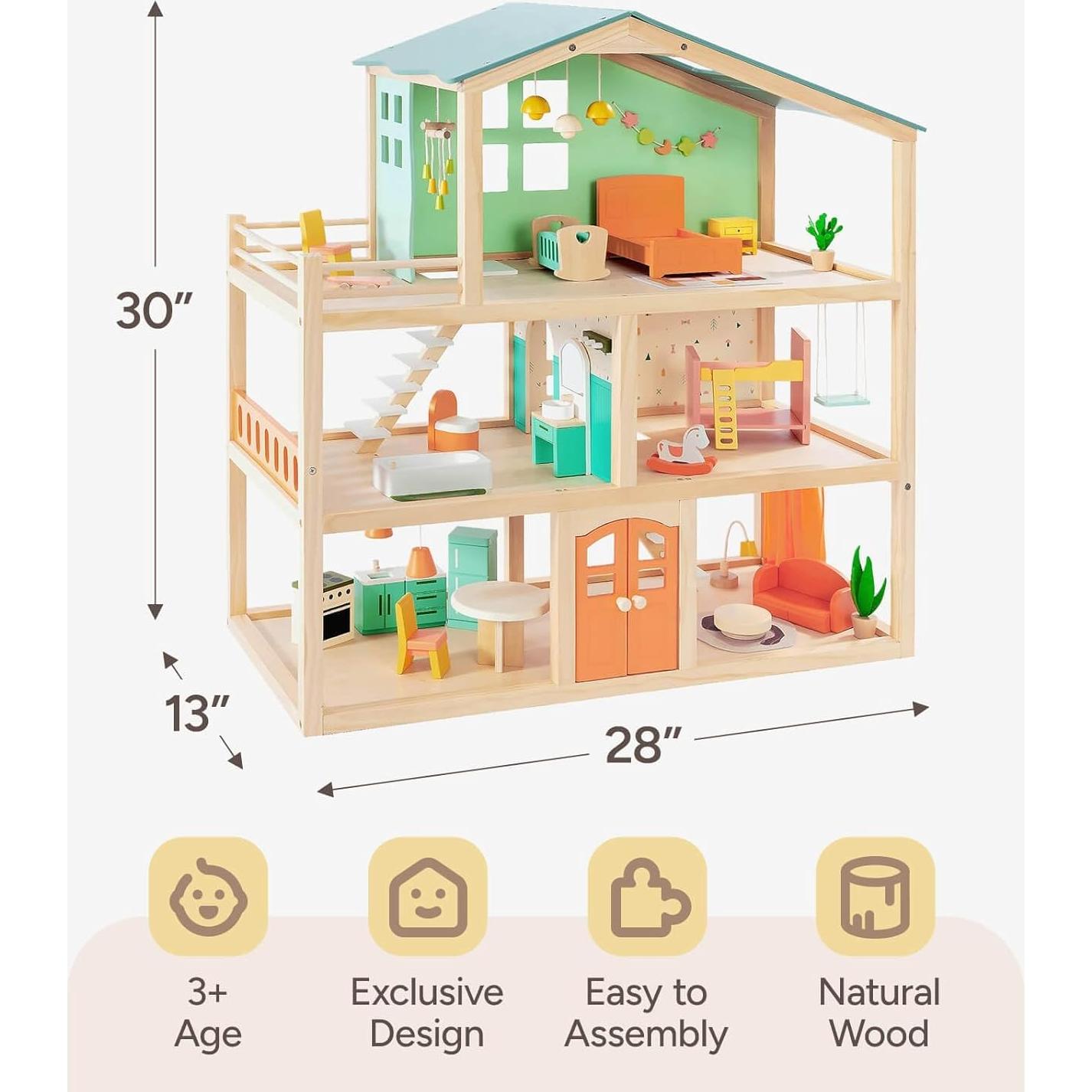 Casa de Muñecas de Madera Giant Bean 3 Pisos 32 Accesorios