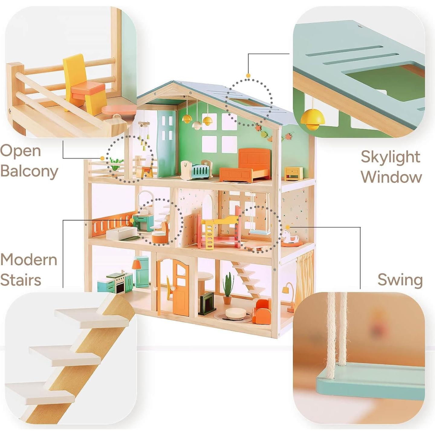 Casa de Muñecas de Madera Giant Bean 3 Pisos 32 Accesorios