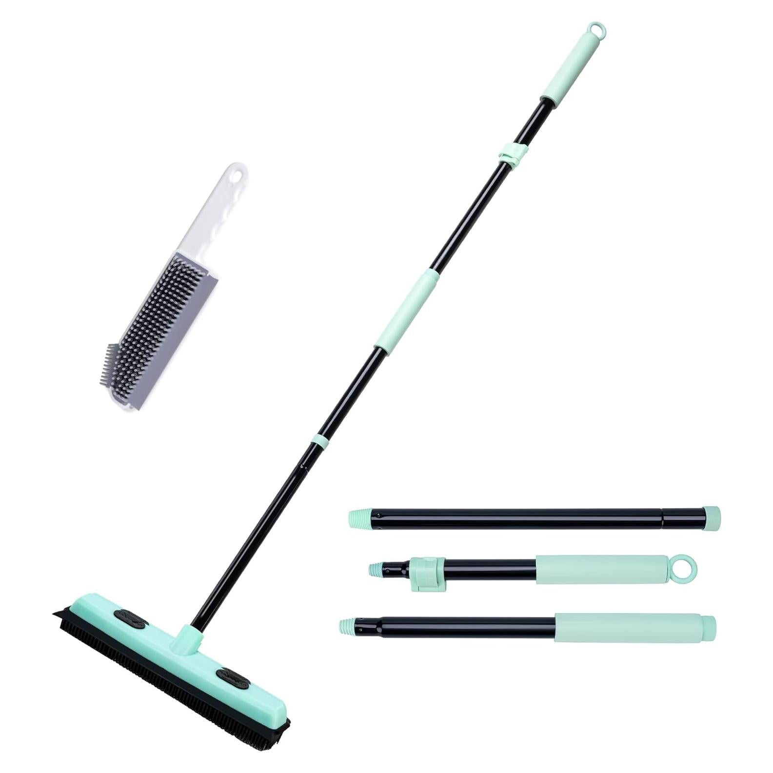 Rubber Broom Pet Hair Remover with Squeegee, 52.3 Inches Long Handle Fur Sweeper with Small Detailing Lint Brush to Fluff Carpet Rug Tile Hardwood Floor