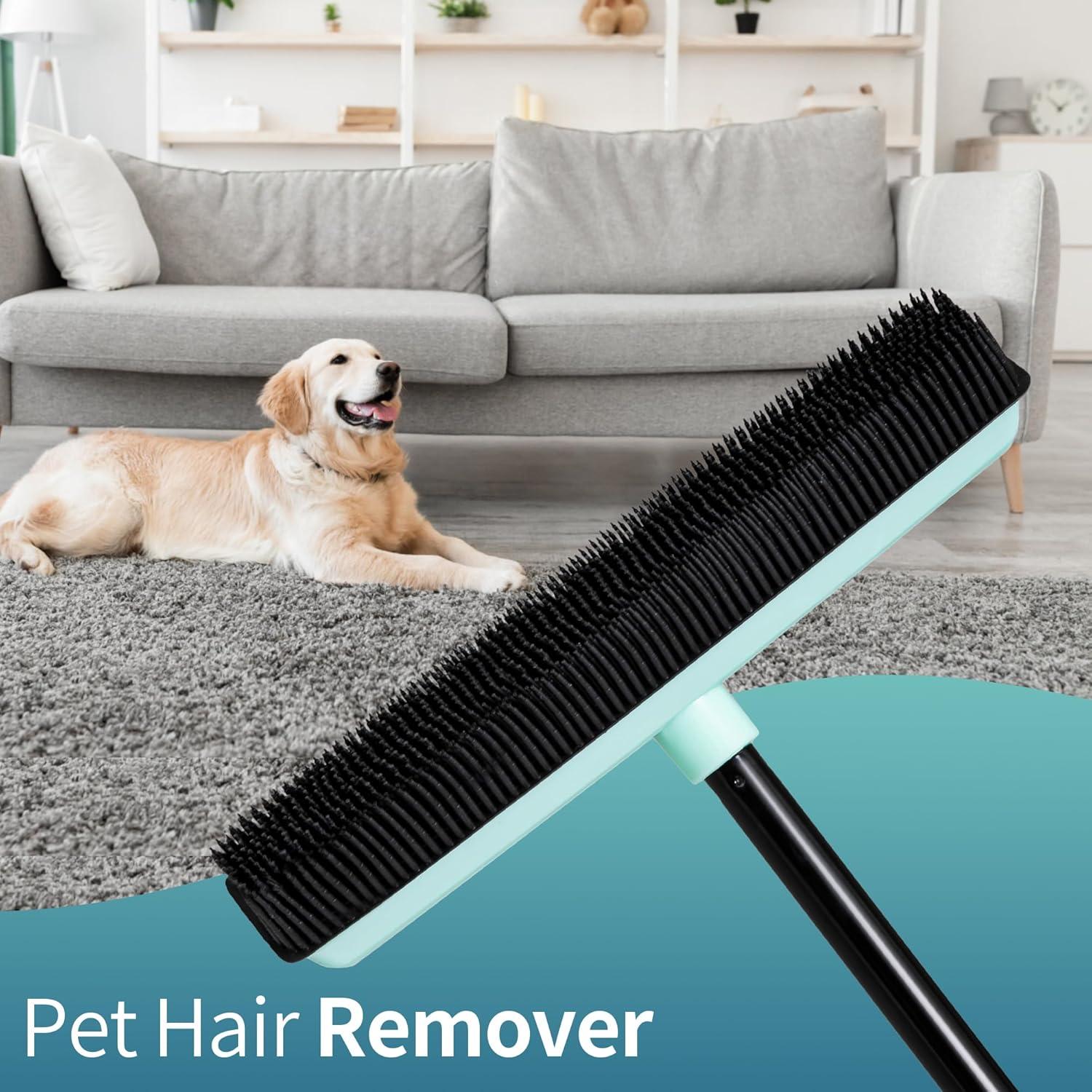 Rubber Broom Pet Hair Remover with Squeegee, 52.3 Inches Long Handle Fur Sweeper with Small Detailing Lint Brush to Fluff Carpet Rug Tile Hardwood Floor
