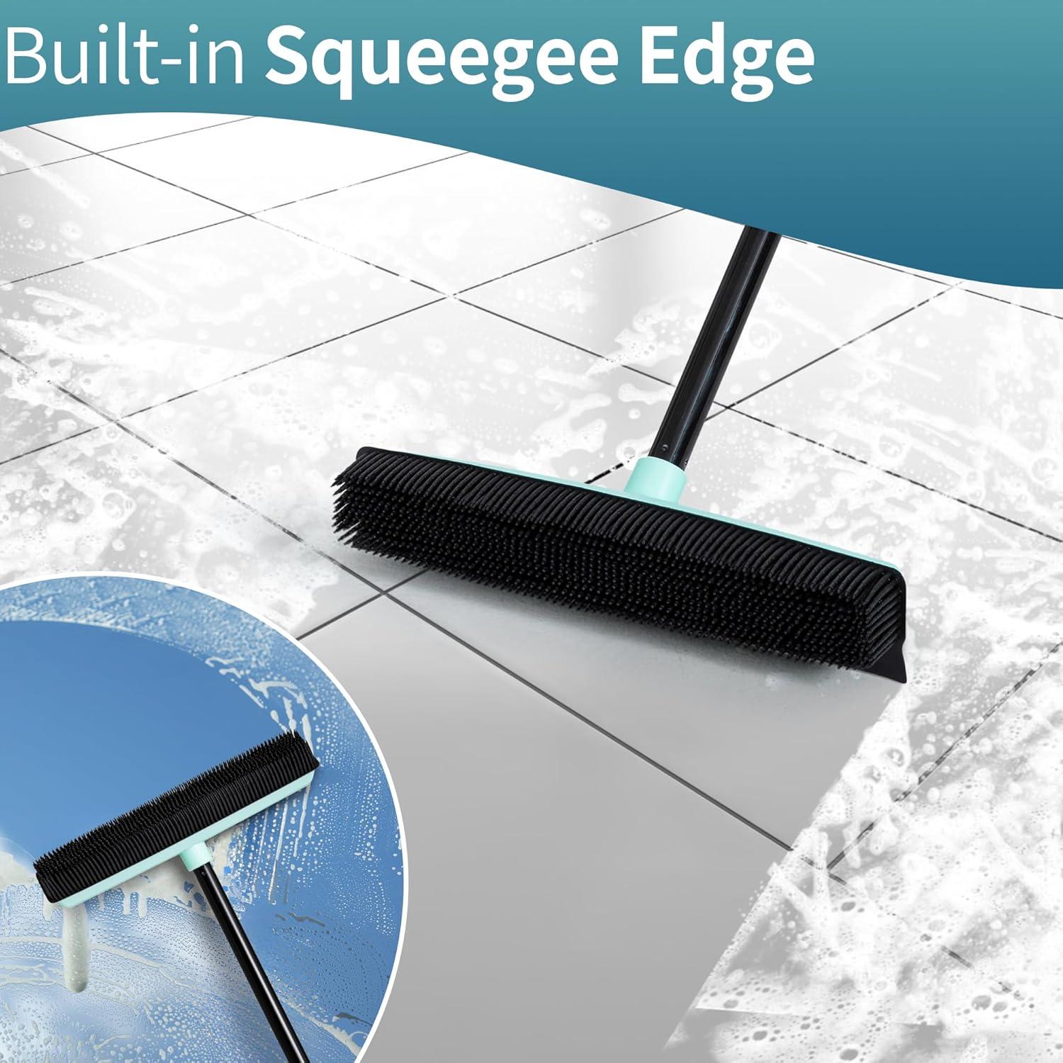 Rubber Broom Pet Hair Remover with Squeegee, 52.3 Inches Long Handle Fur Sweeper with Small Detailing Lint Brush to Fluff Carpet Rug Tile Hardwood Floor