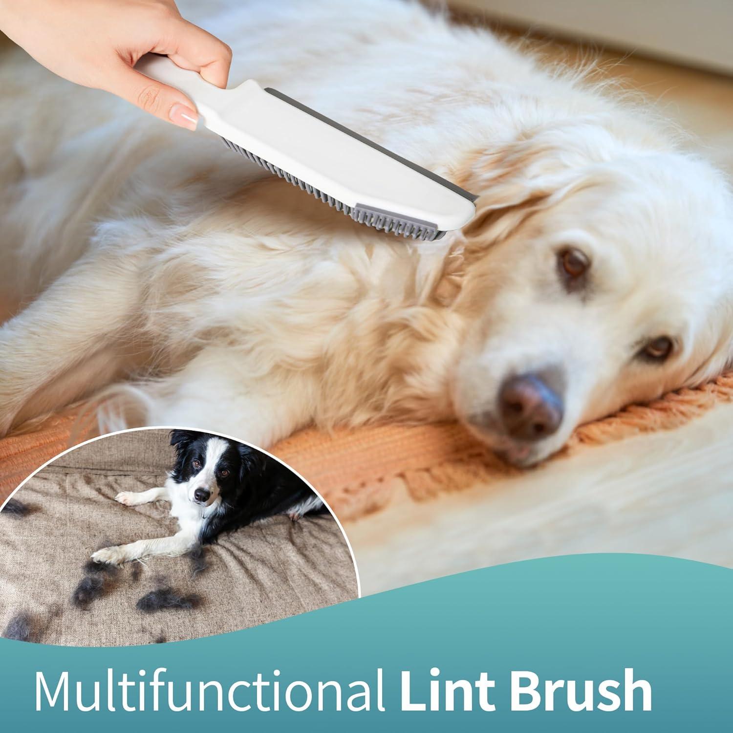 Rubber Broom Pet Hair Remover with Squeegee, 52.3 Inches Long Handle Fur Sweeper with Small Detailing Lint Brush to Fluff Carpet Rug Tile Hardwood Floor