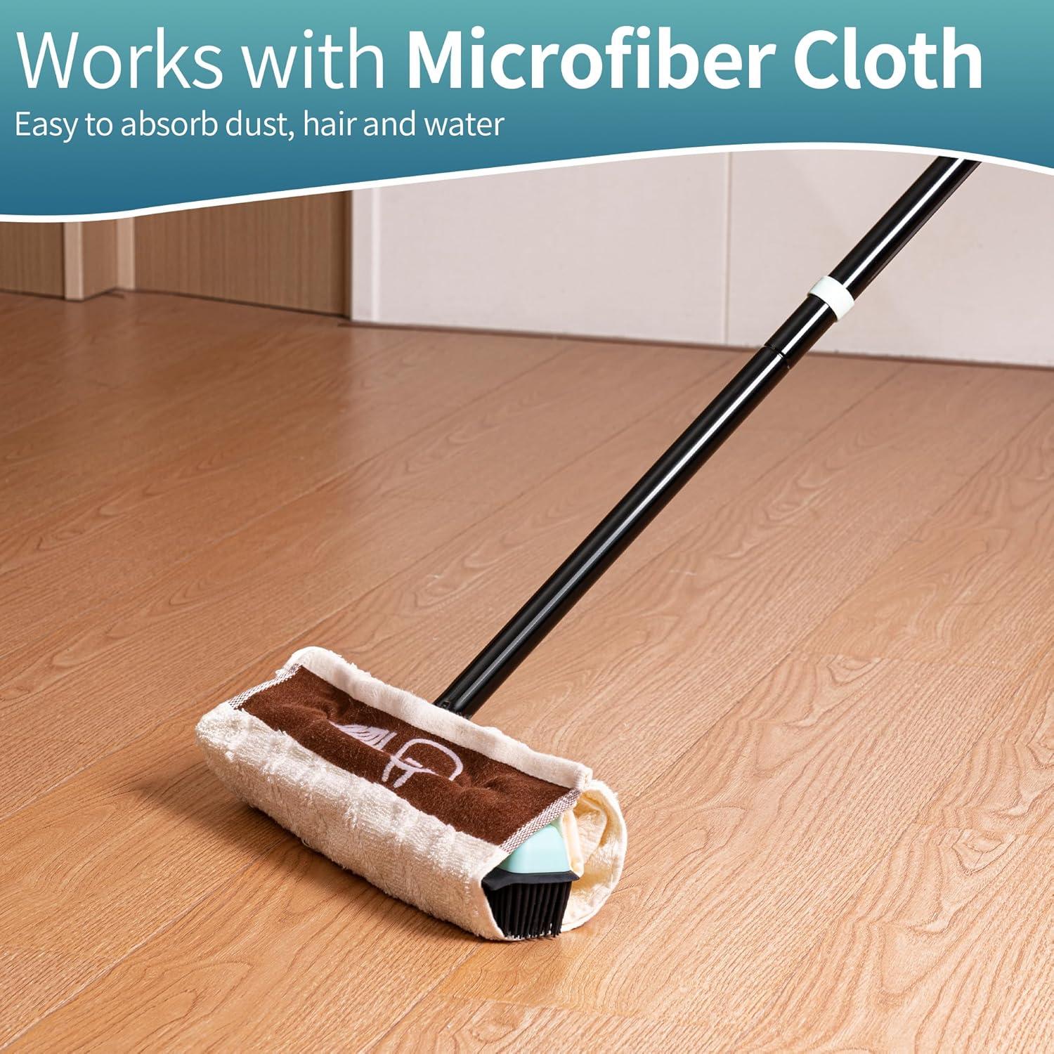 Rubber Broom Pet Hair Remover with Squeegee, 52.3 Inches Long Handle Fur Sweeper with Small Detailing Lint Brush to Fluff Carpet Rug Tile Hardwood Floor