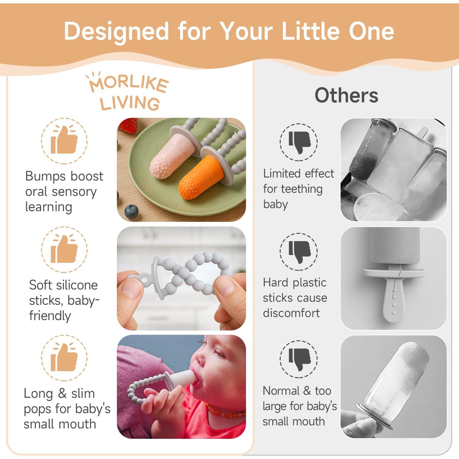 Morlike Baby Tiny Pops, 100% Silicone Popsicle Mold for Infants 4 Months +, Breastmilk Ice Pop Molds Teethers for Teething Relief, Baby Essentials, BPA Free & Dishwasher Safe (Grey)