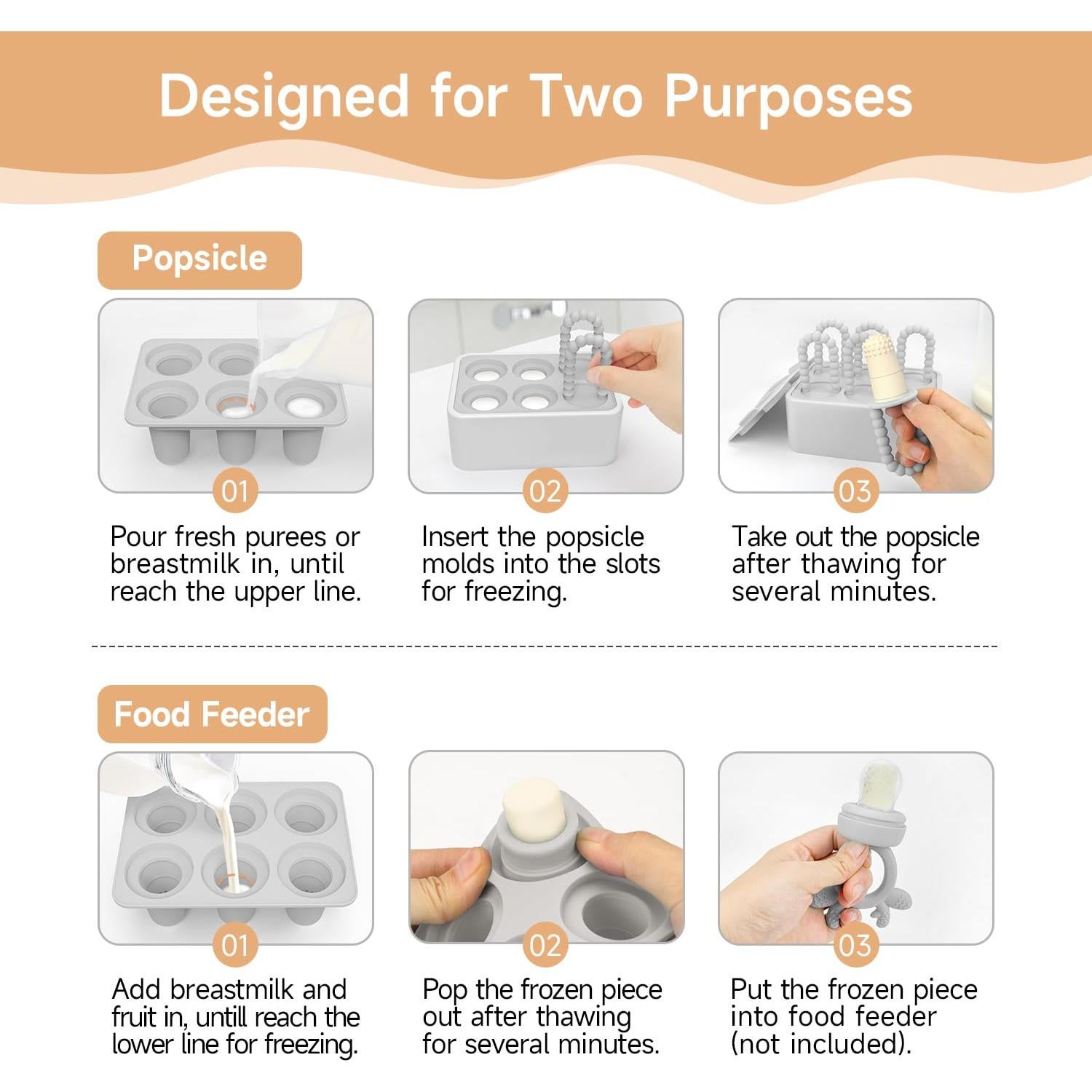 Morlike Baby Tiny Pops, 100% Silicone Popsicle Mold for Infants 4 Months +, Breastmilk Ice Pop Molds Teethers for Teething Relief, Baby Essentials, BPA Free & Dishwasher Safe (Grey)