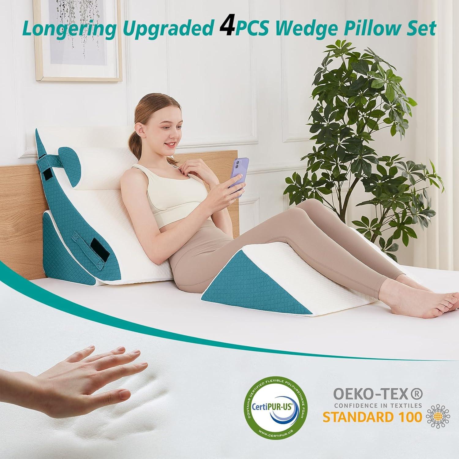 Juego de 4 Almohadas en Cuña Ortopédicas Longering - Alivio Dolor Cuello y Espalda