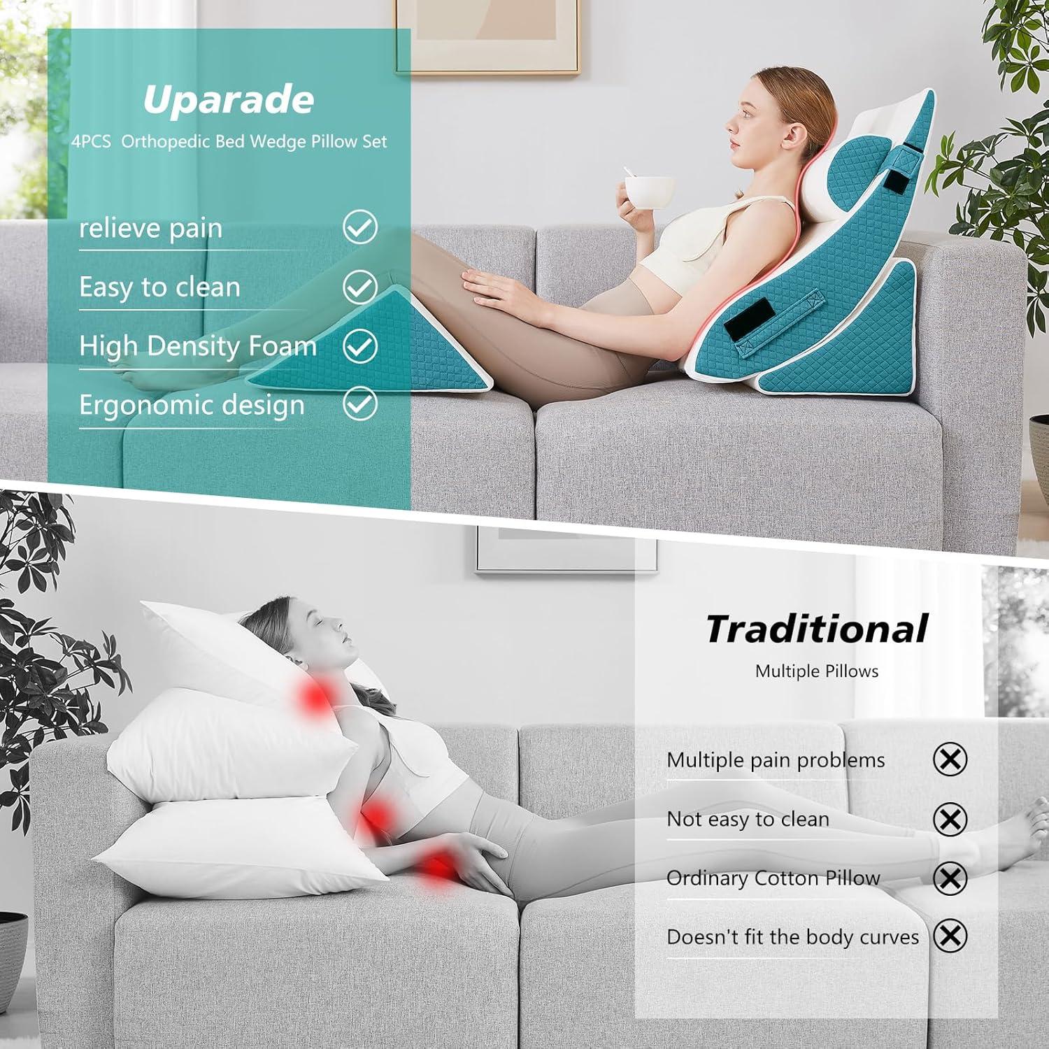 Juego de 4 Almohadas en Cuña Ortopédicas Longering - Alivio Dolor Cuello y Espalda