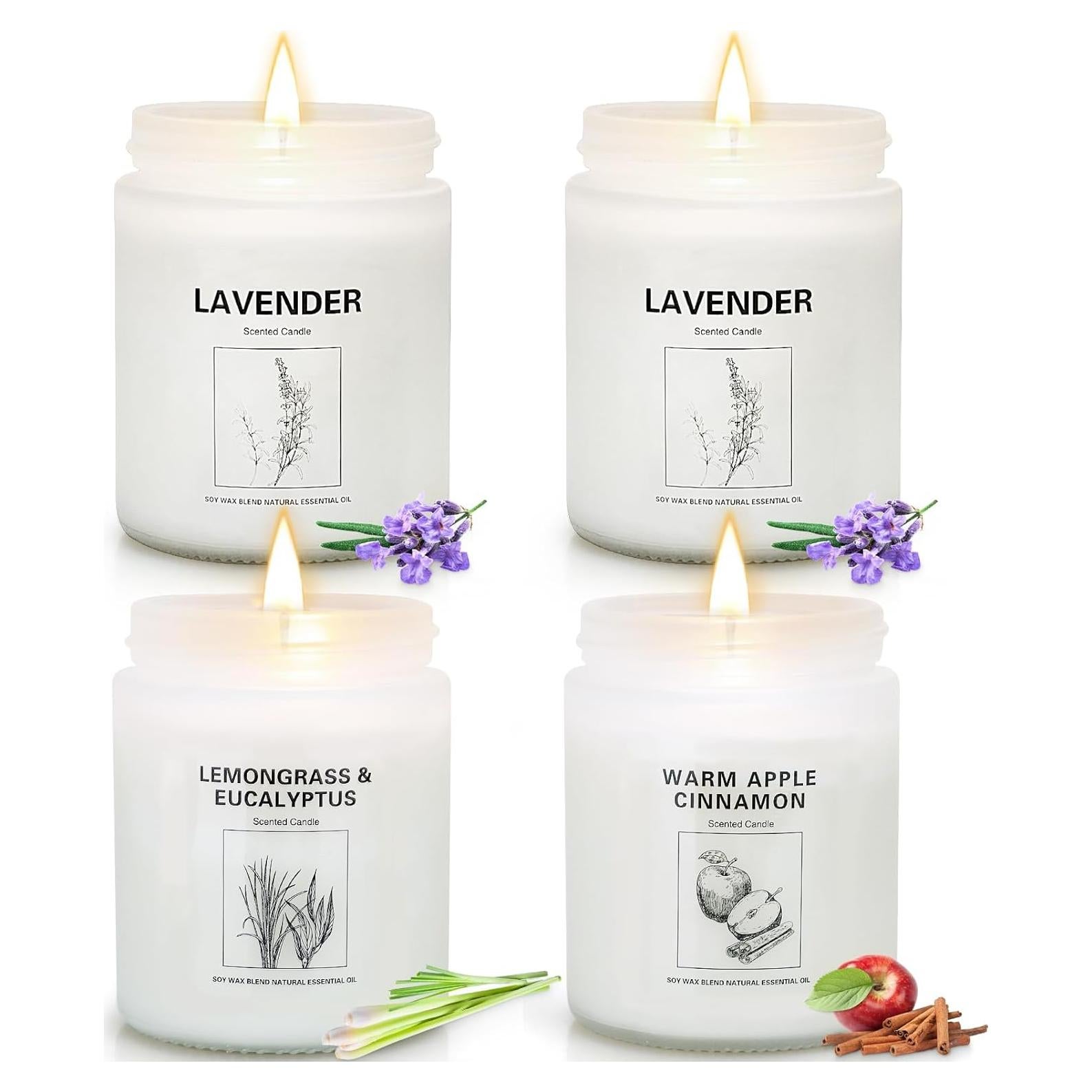 Set de 4 Velas Aromáticas de Cera de Soja - Lavanda, Manzana Canela, Hierba de Limón