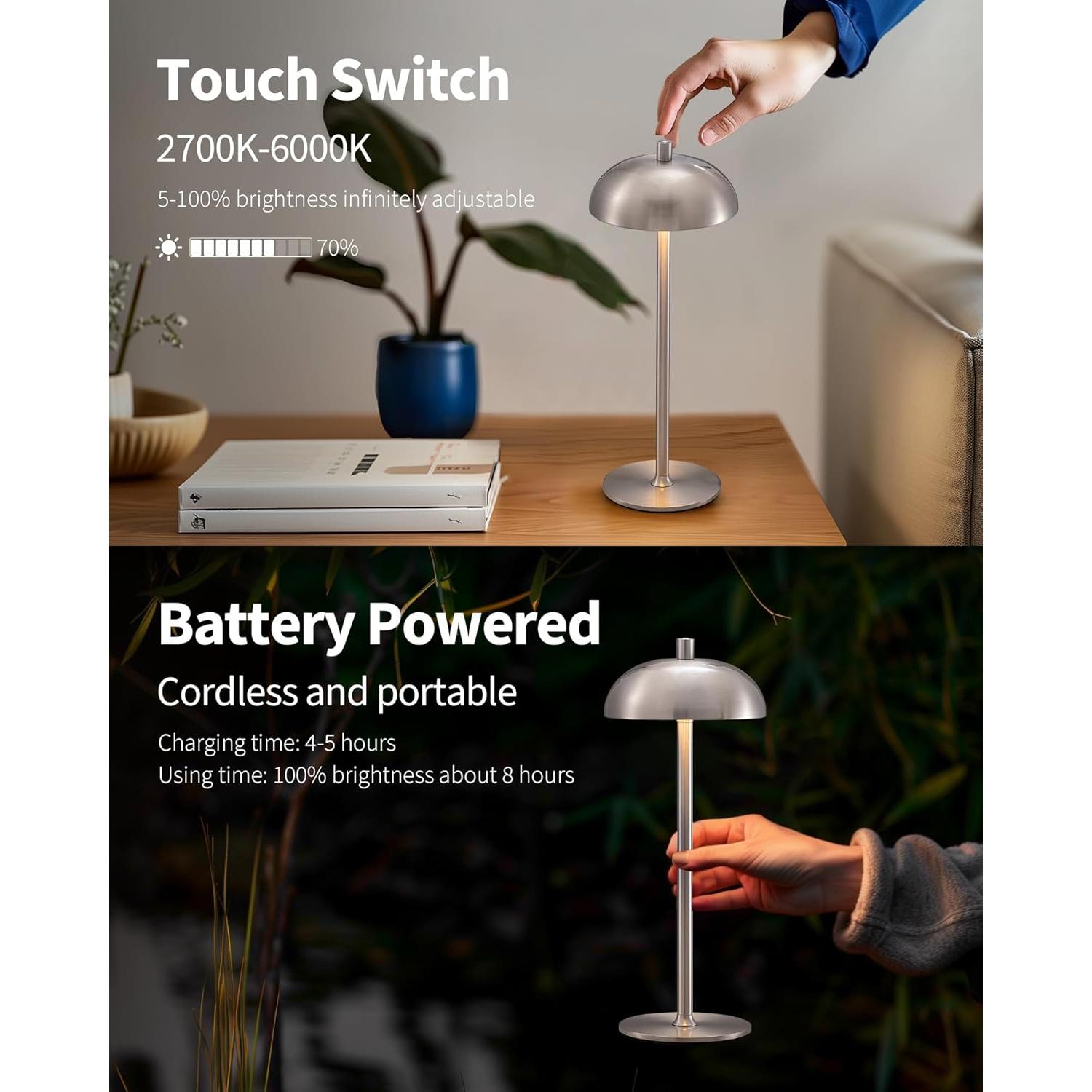 Juego de 2 lámparas de mesa LED recargables 12 cm Níquel