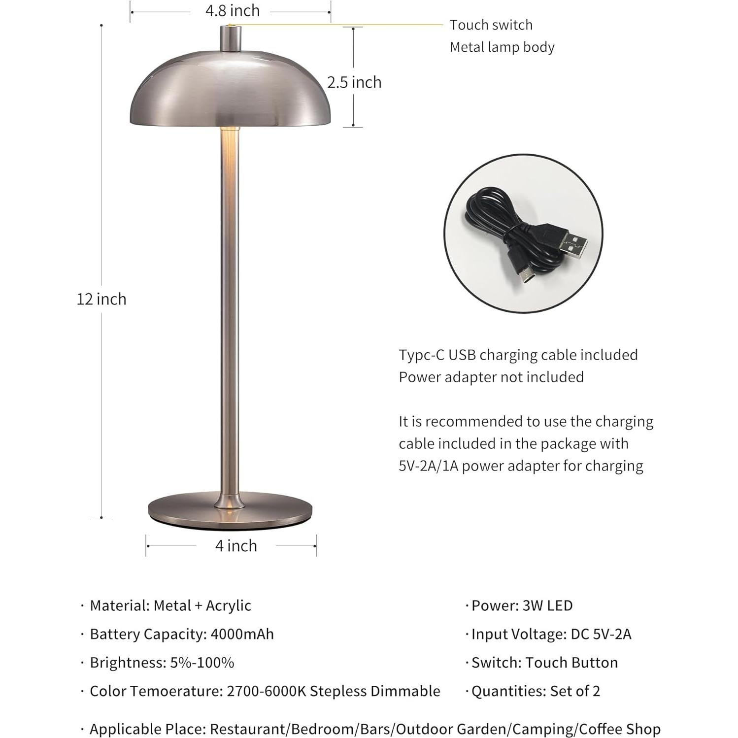 Juego de 2 lámparas de mesa LED recargables 12 cm Níquel