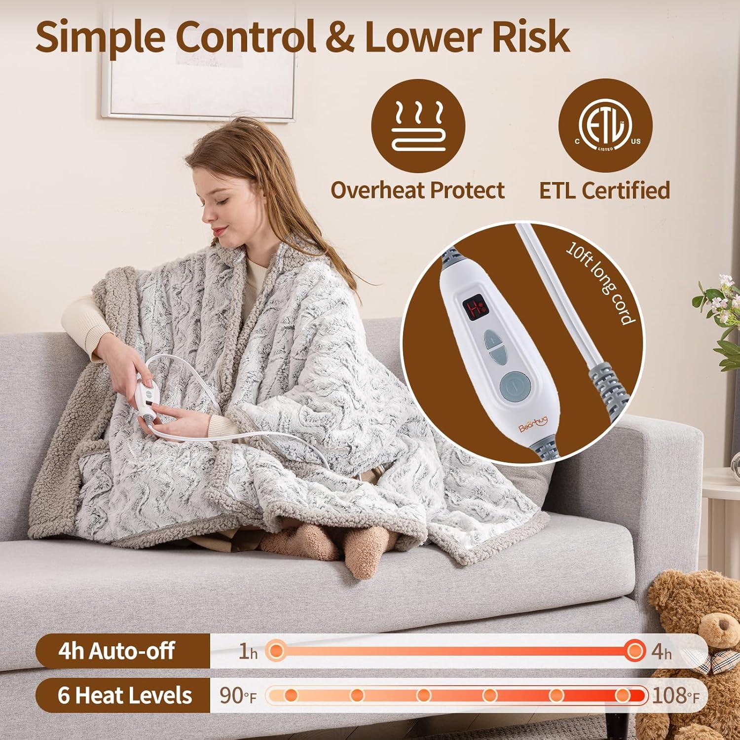 Manta Térmica Eléctrica Bearhug 152x127 cm, 6 Niveles de Calor
