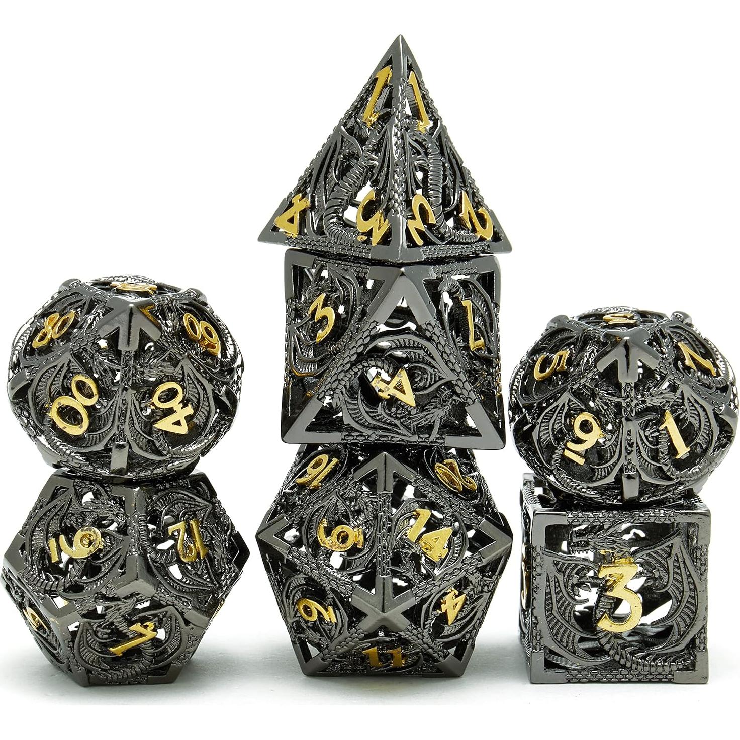 Set de Dados de Metal DND 7 Piezas UONUOT Negro/Dorado