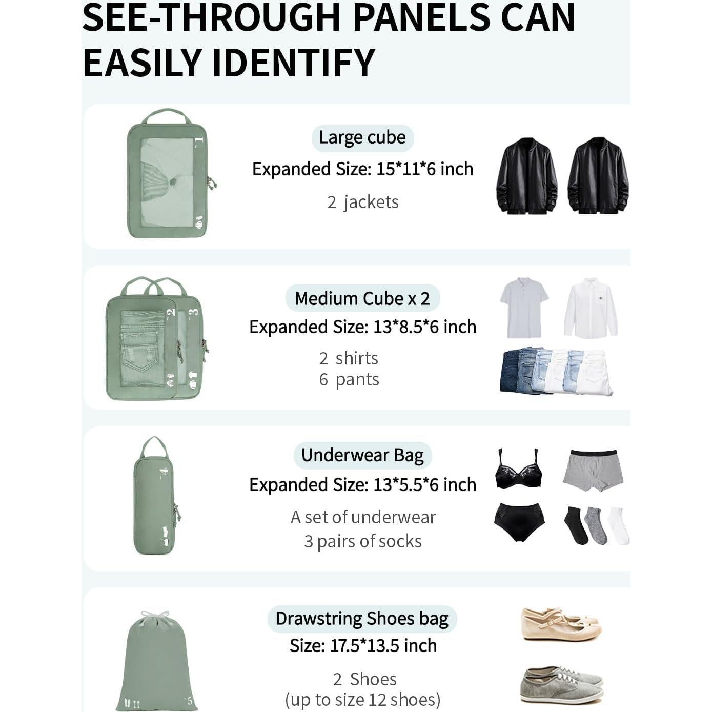 Set de 5 Cubos de Compresión ECOHUB para Maletas Verde