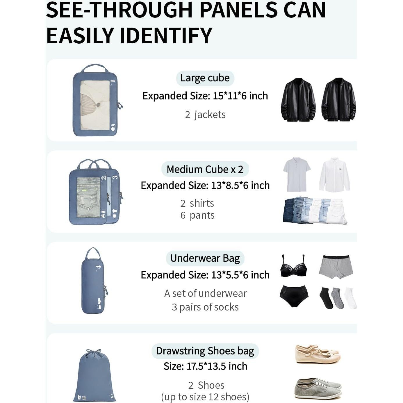Set de 5 Cubos de Compresión ECOHUB para Maletas Azul