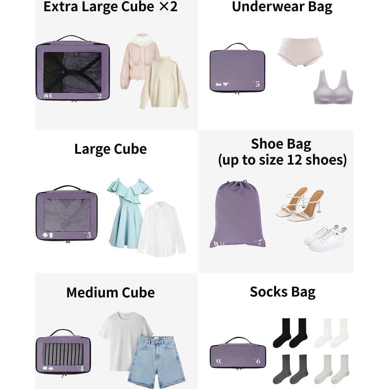 Juego de 7 Cubos de Empaque ECOHUB Púrpura Lavables