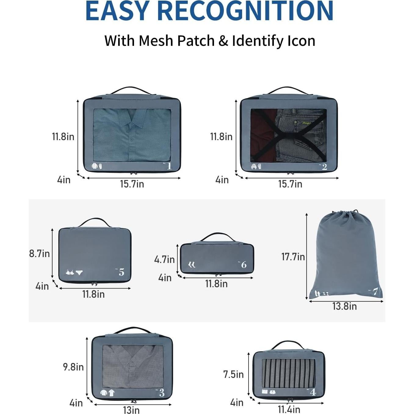 Juego de 7 Cubos de Empaque ECOHUB Gris - Organizadores de Viaje