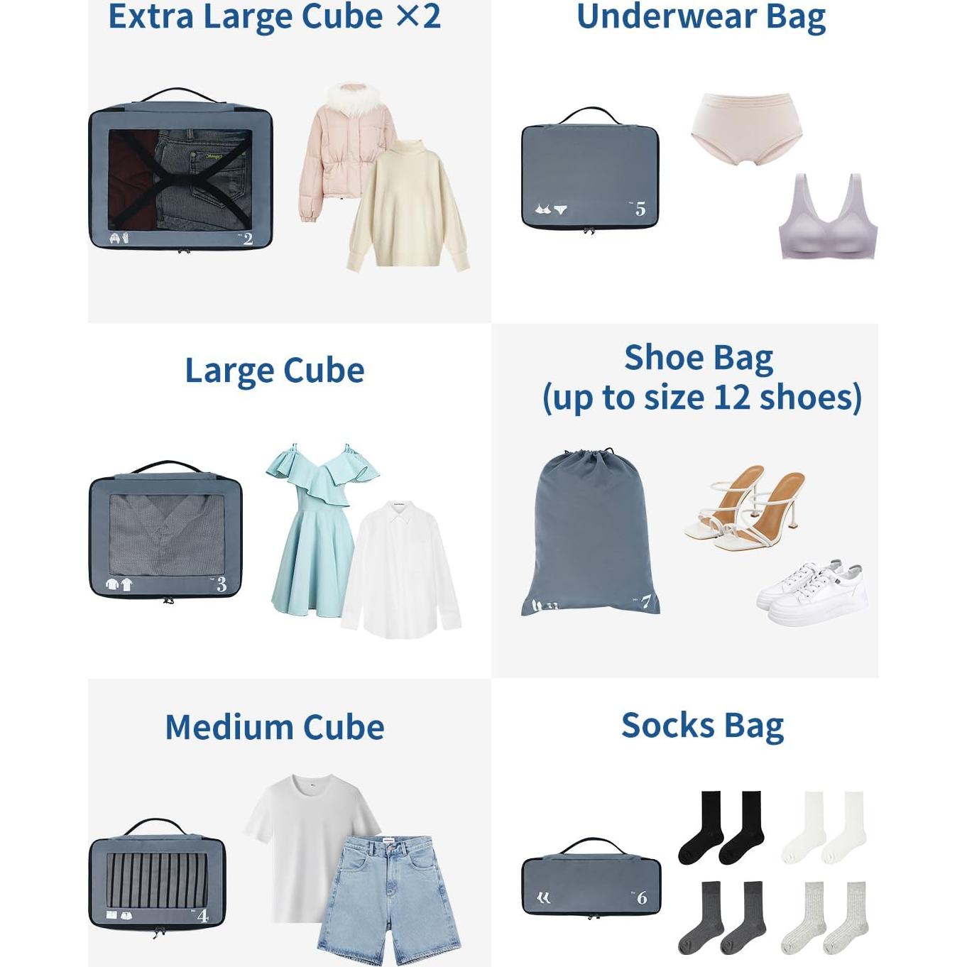 Juego de 7 Cubos de Empaque ECOHUB Gris - Organizadores de Viaje