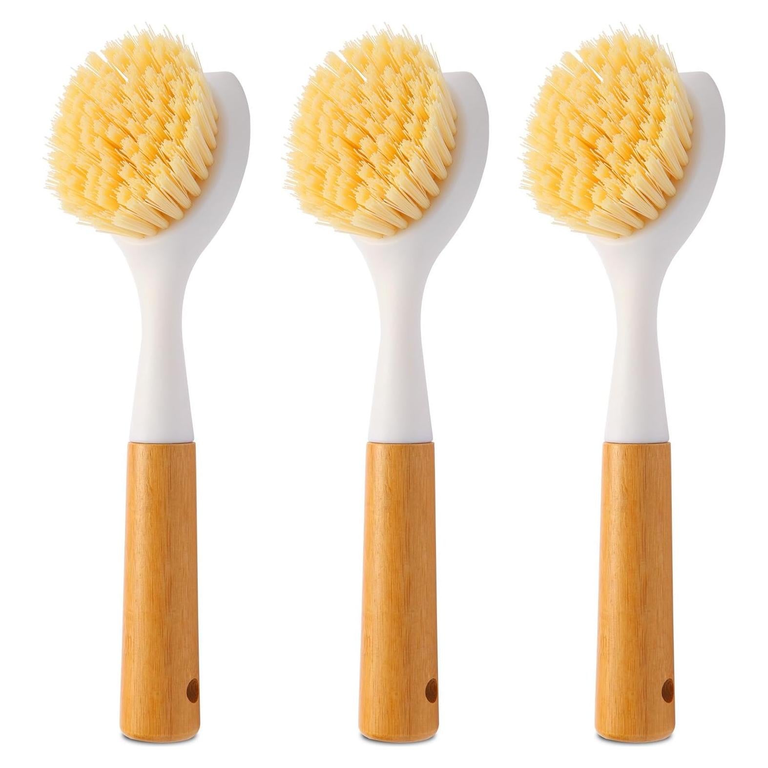 3 Pack Dish Brush Set with Bamboo Handle, Dish Scrubber Built-in Scraper, Kitchen Scrub Brush for Cleaning Cast Iron Cookware, Pans, Pots, Counter & Kitchen Sink (White)