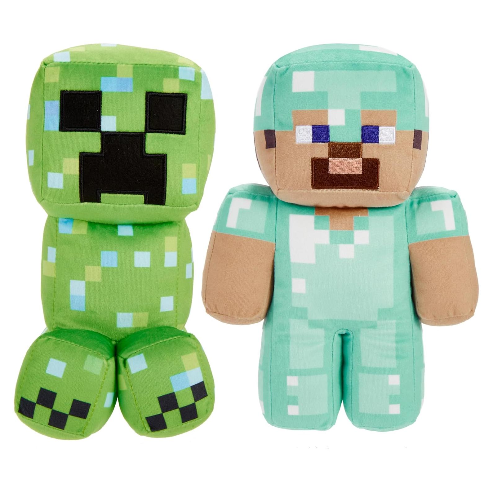 Mattel Minecraft Plush Figure 2-Pack, Steve in Diamond Armor & Charged Creeper Set, Soft Character Dolls in 8-inch Scale