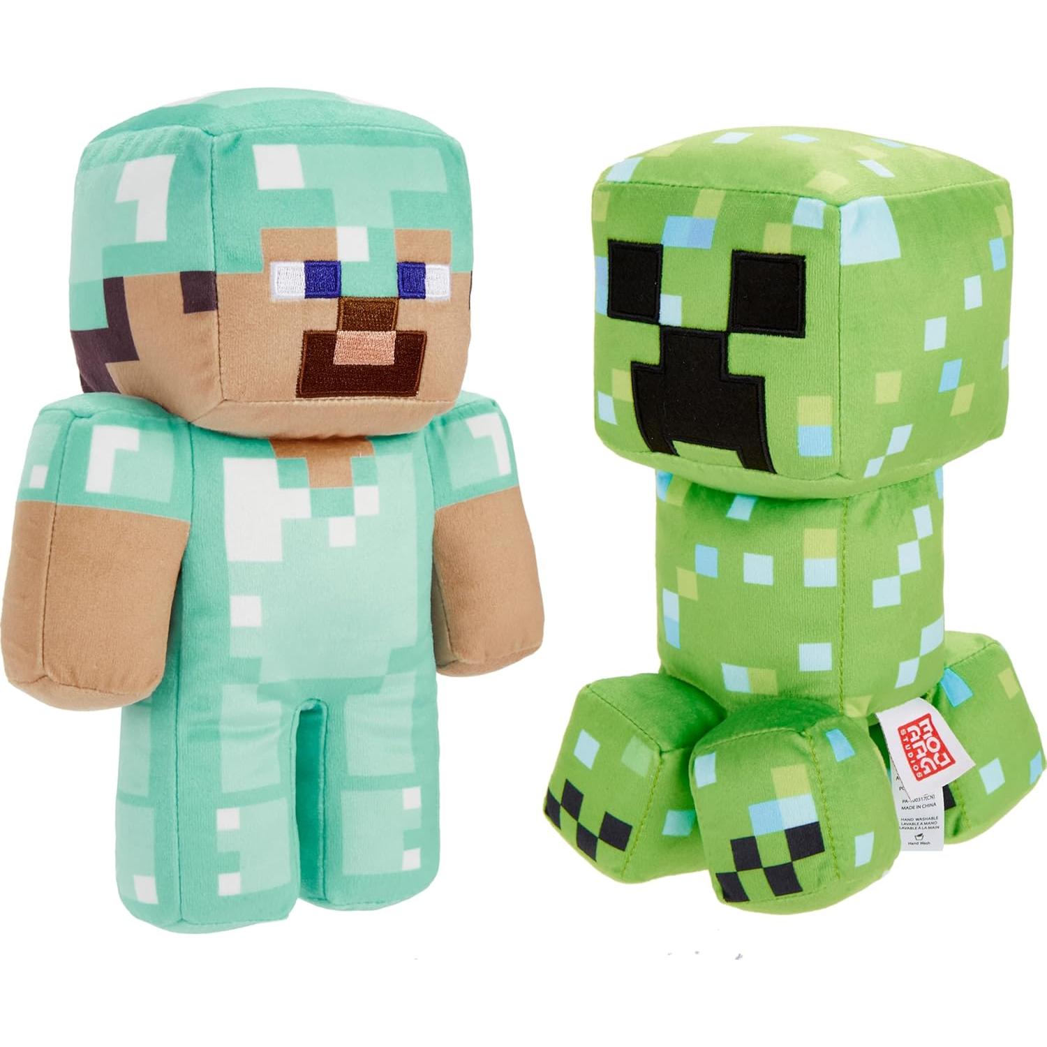 Mattel Minecraft Plush Figure 2-Pack, Steve in Diamond Armor & Charged Creeper Set, Soft Character Dolls in 8-inch Scale