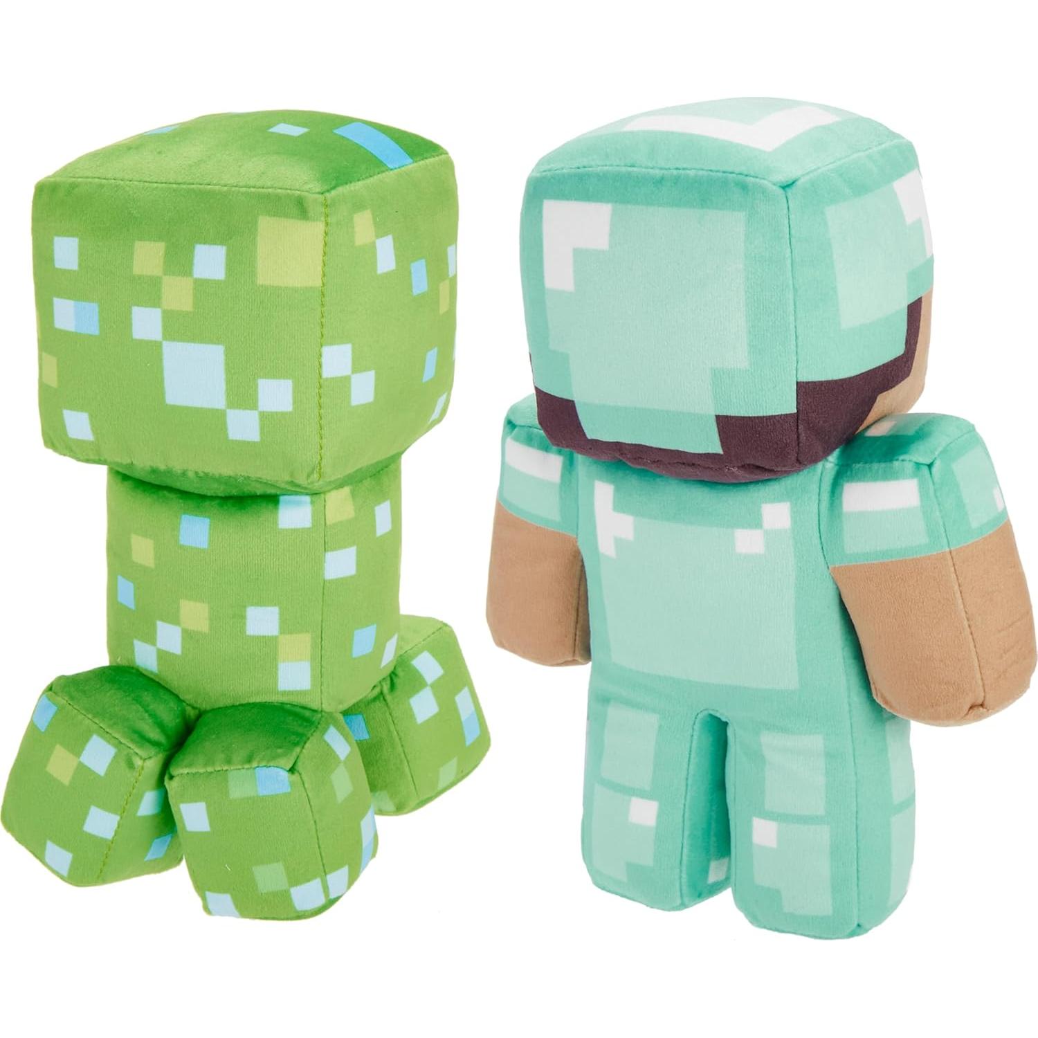 Mattel Minecraft Plush Figure 2-Pack, Steve in Diamond Armor & Charged Creeper Set, Soft Character Dolls in 8-inch Scale
