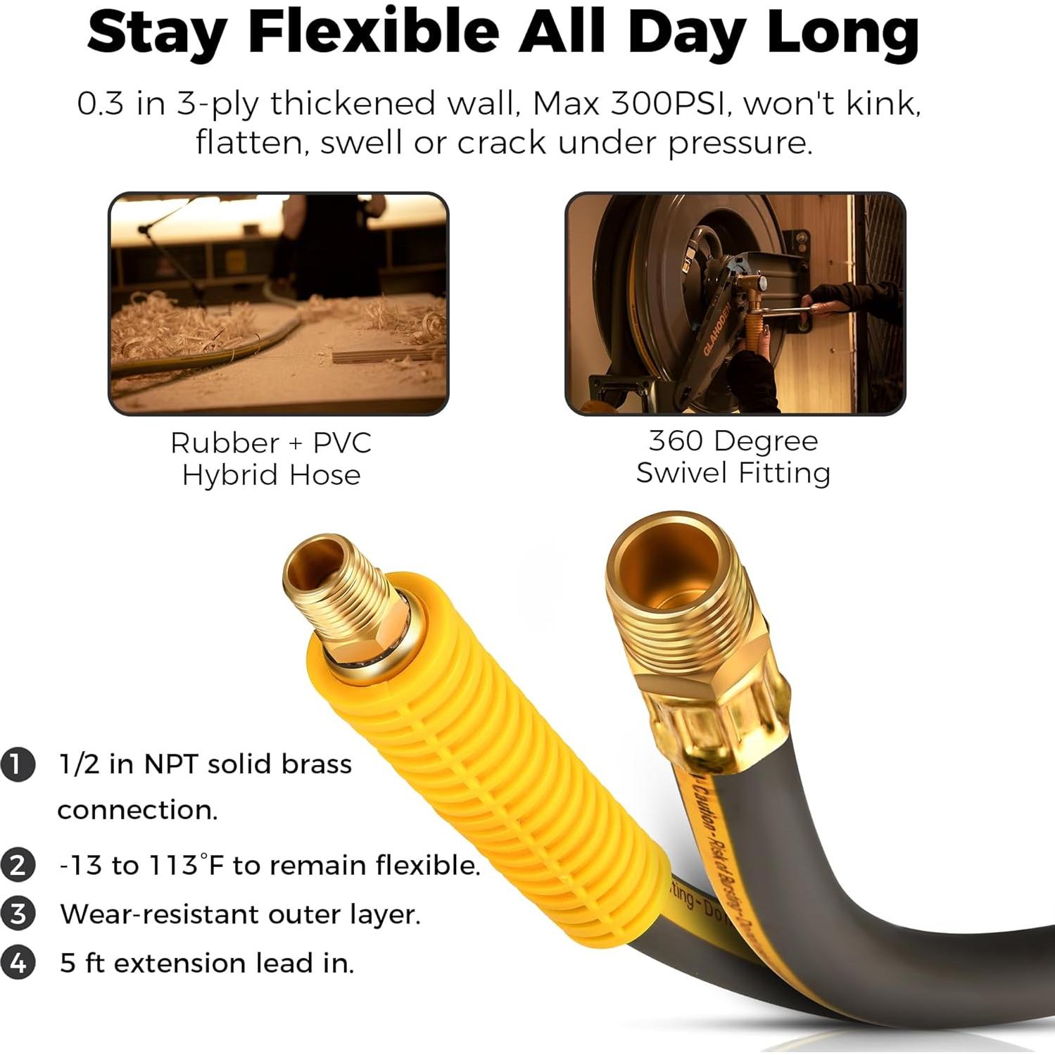 Carrete de Manguera de Aire GLAHODEN 15m Doble Brazo 1/2" 300PSI