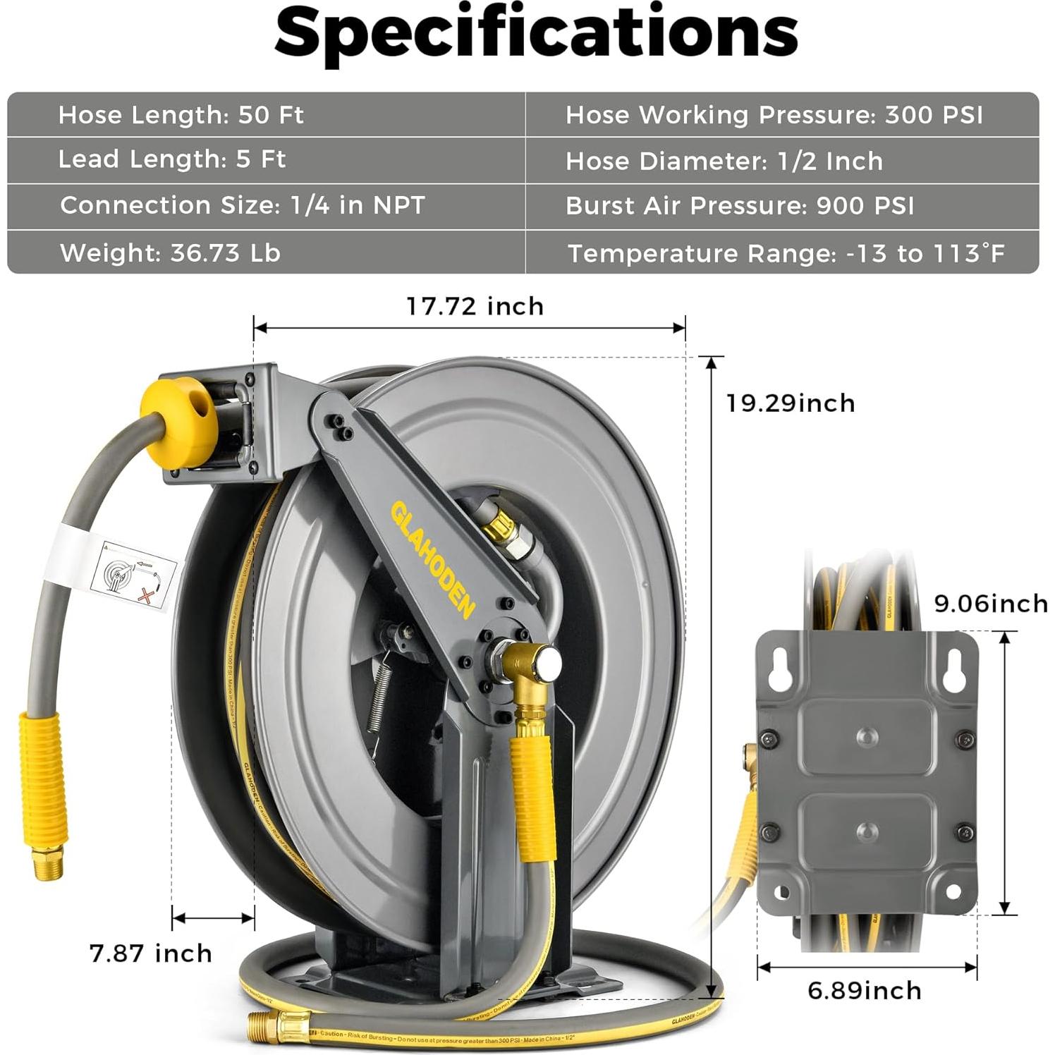 Carrete de Manguera de Aire GLAHODEN 15m Doble Brazo 1/2" 300PSI