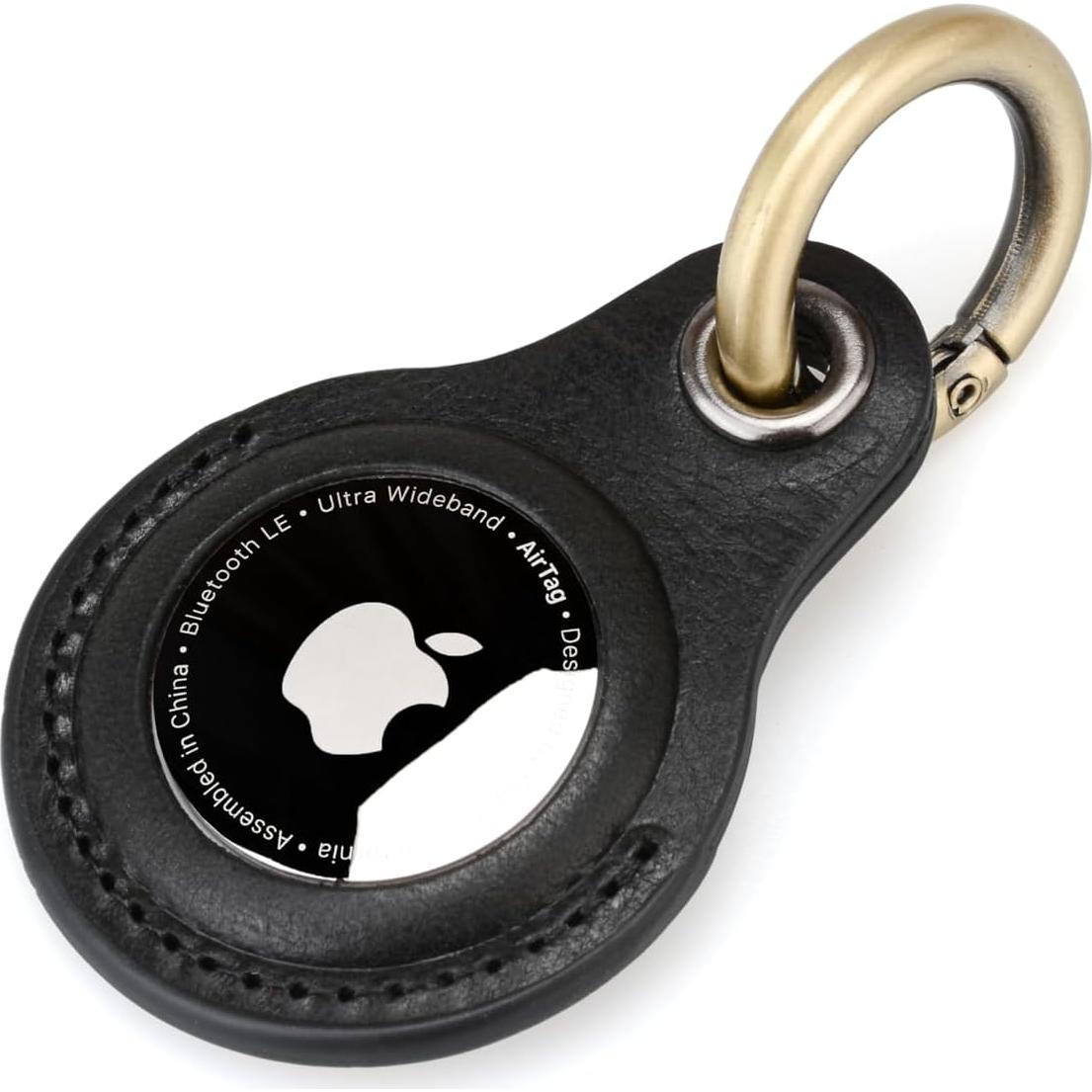 Funda de Cuero Genuino para Airtag Apple - Negro, Resistente al Agua