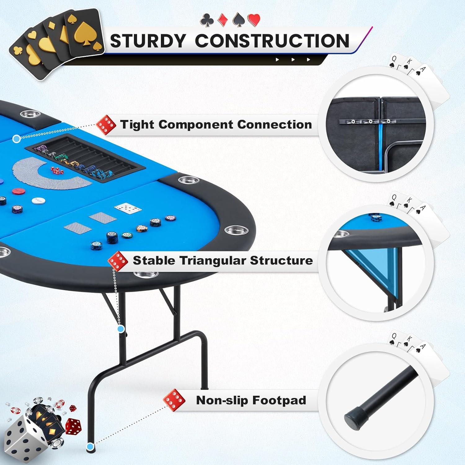 Mesa de Póker ECOTOUGE Ovalada Azul 8 Jugadores Plegable