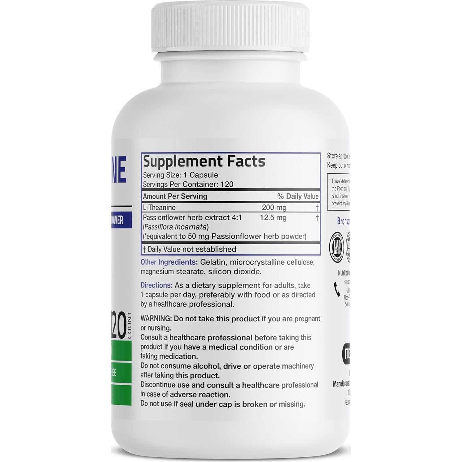 Suplemento Bronson L-Theanine 200mg con Flor de Pasión 120 Cápsulas