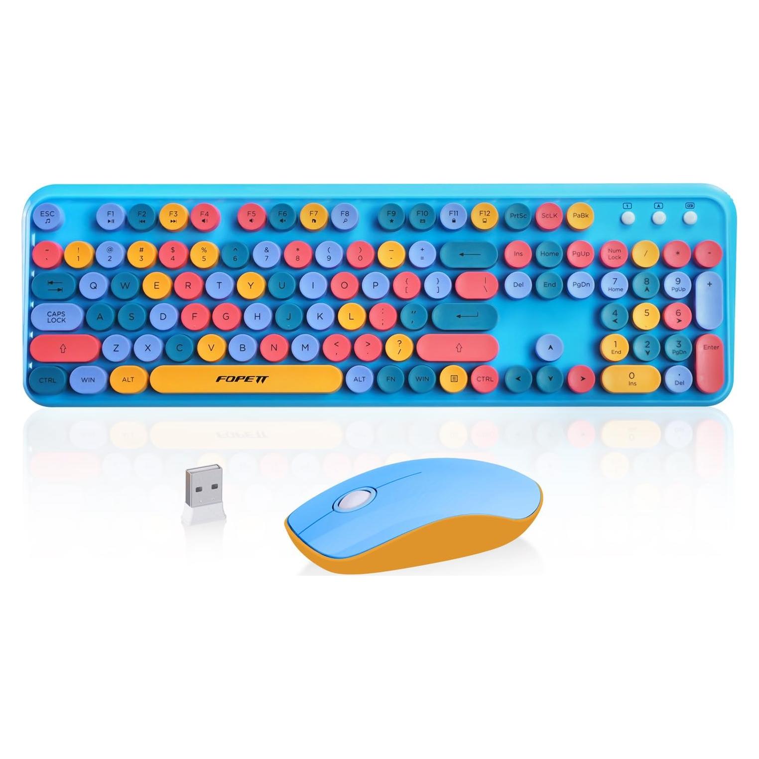 Combo Teclado y Ratón Inalámbrico FOPETT Azul Retro