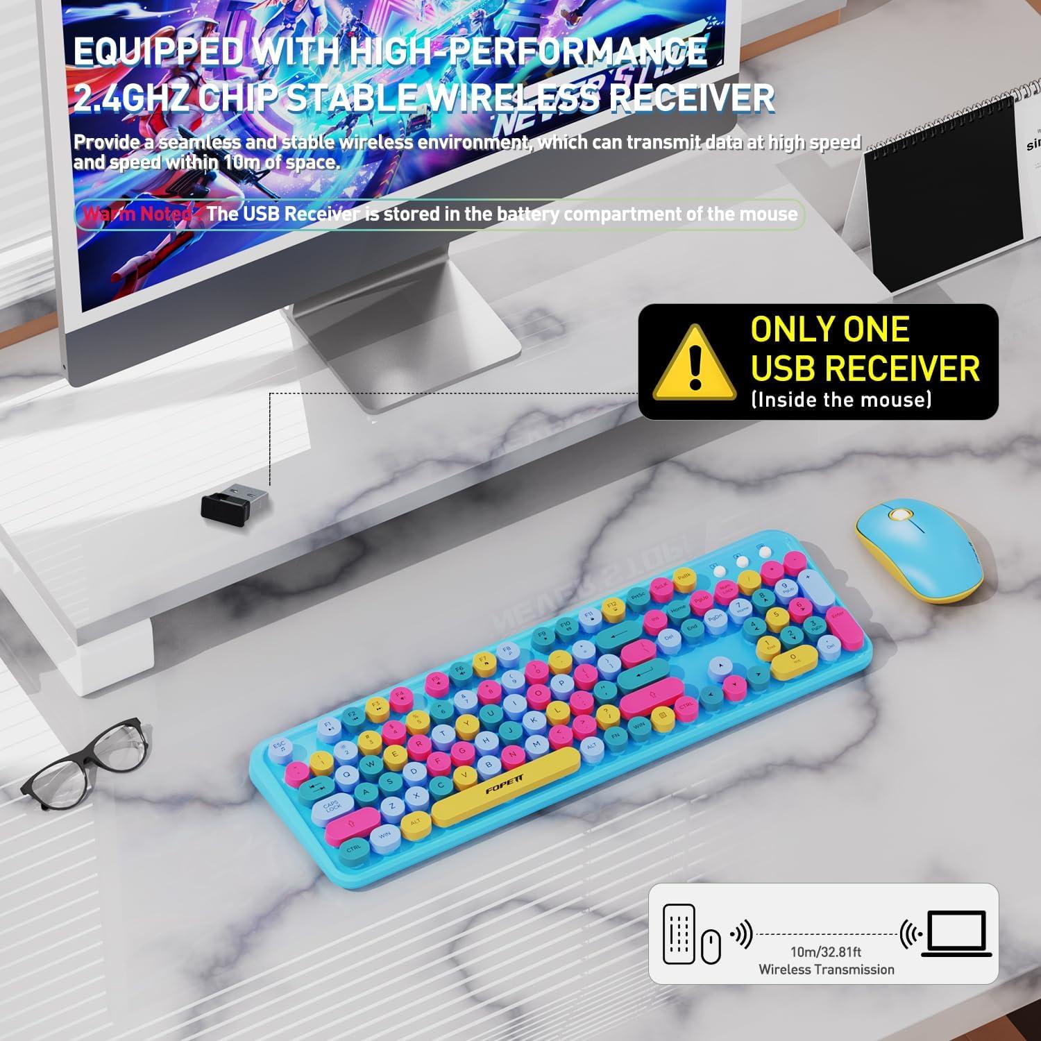 Combo Teclado y Ratón Inalámbrico FOPETT Azul Retro