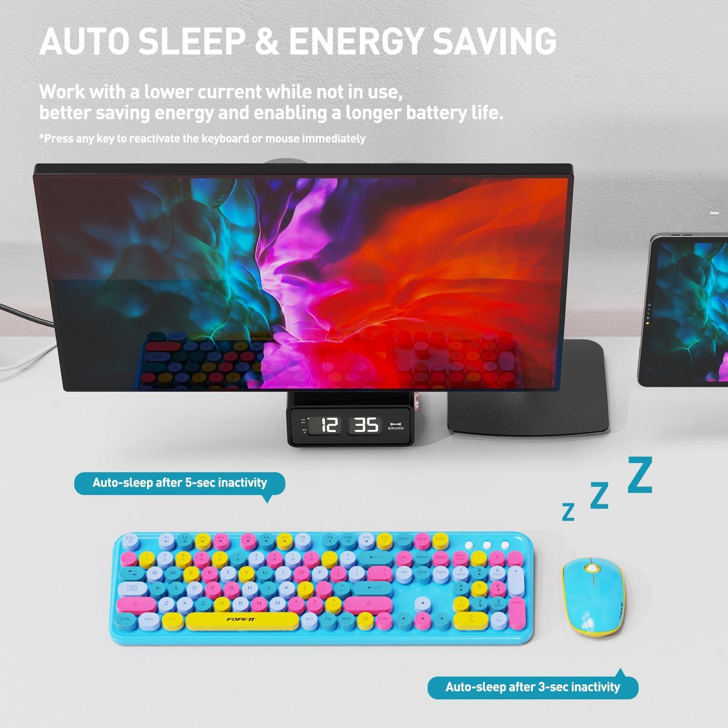 Combo Teclado y Ratón Inalámbrico FOPETT Azul Retro