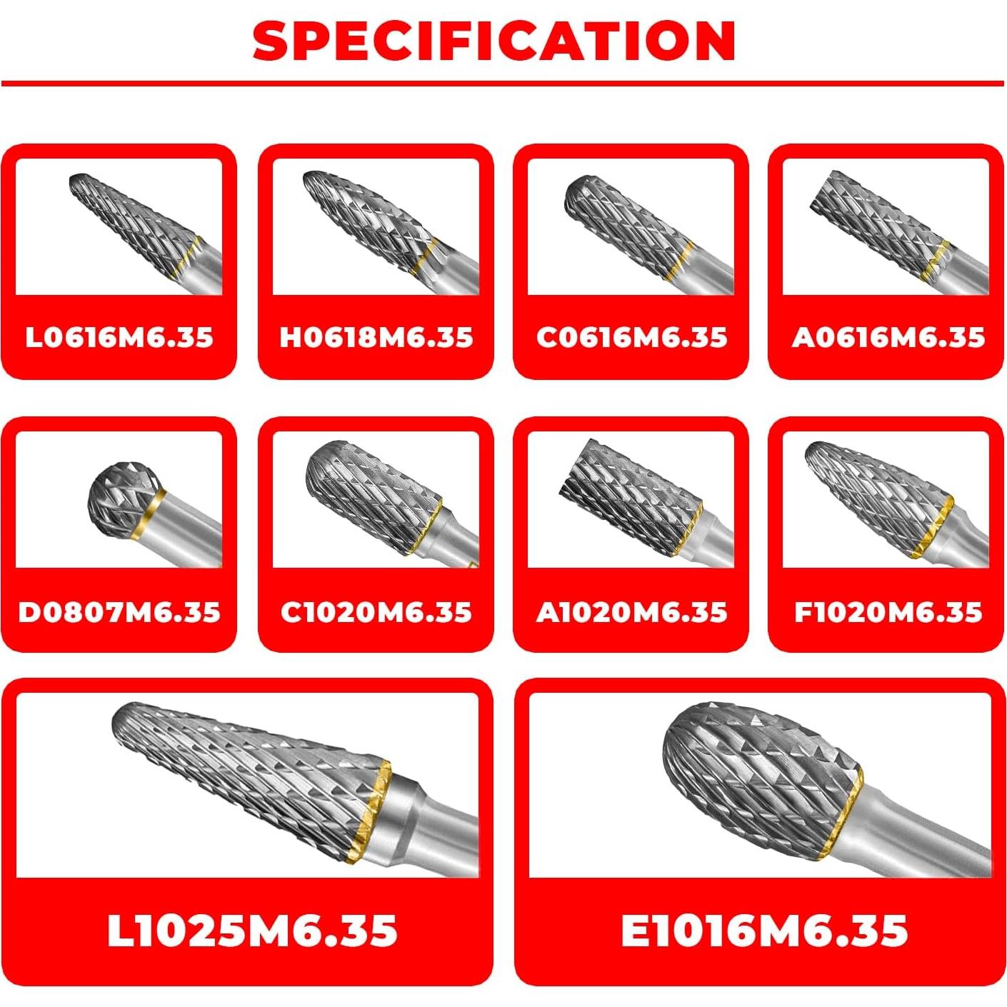 Juego de Fresas de Carburo Pilim 10PC Mango 6.35mm Doble Corte