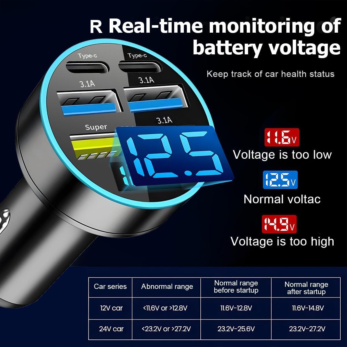 Cargador de Auto Moioee 66W USB 6 en 1 con Monitor LED