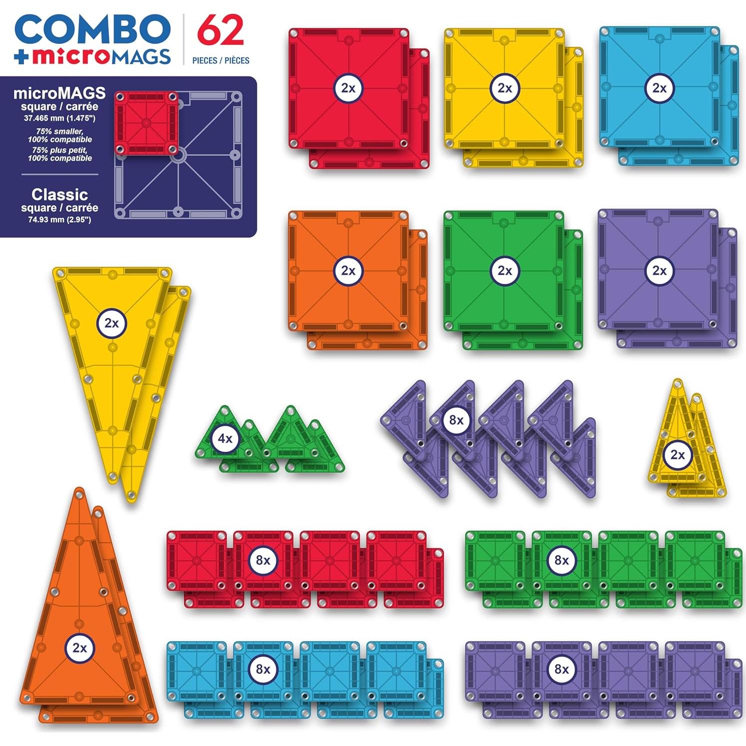 MAGNA-TILES Combo 62 Piezas Juego de Construcción Magnético