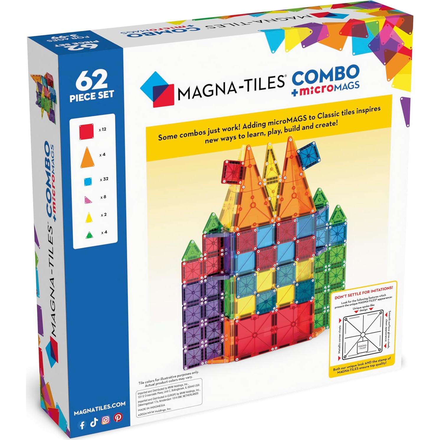 MAGNA-TILES Combo 62 Piezas Juego de Construcción Magnético