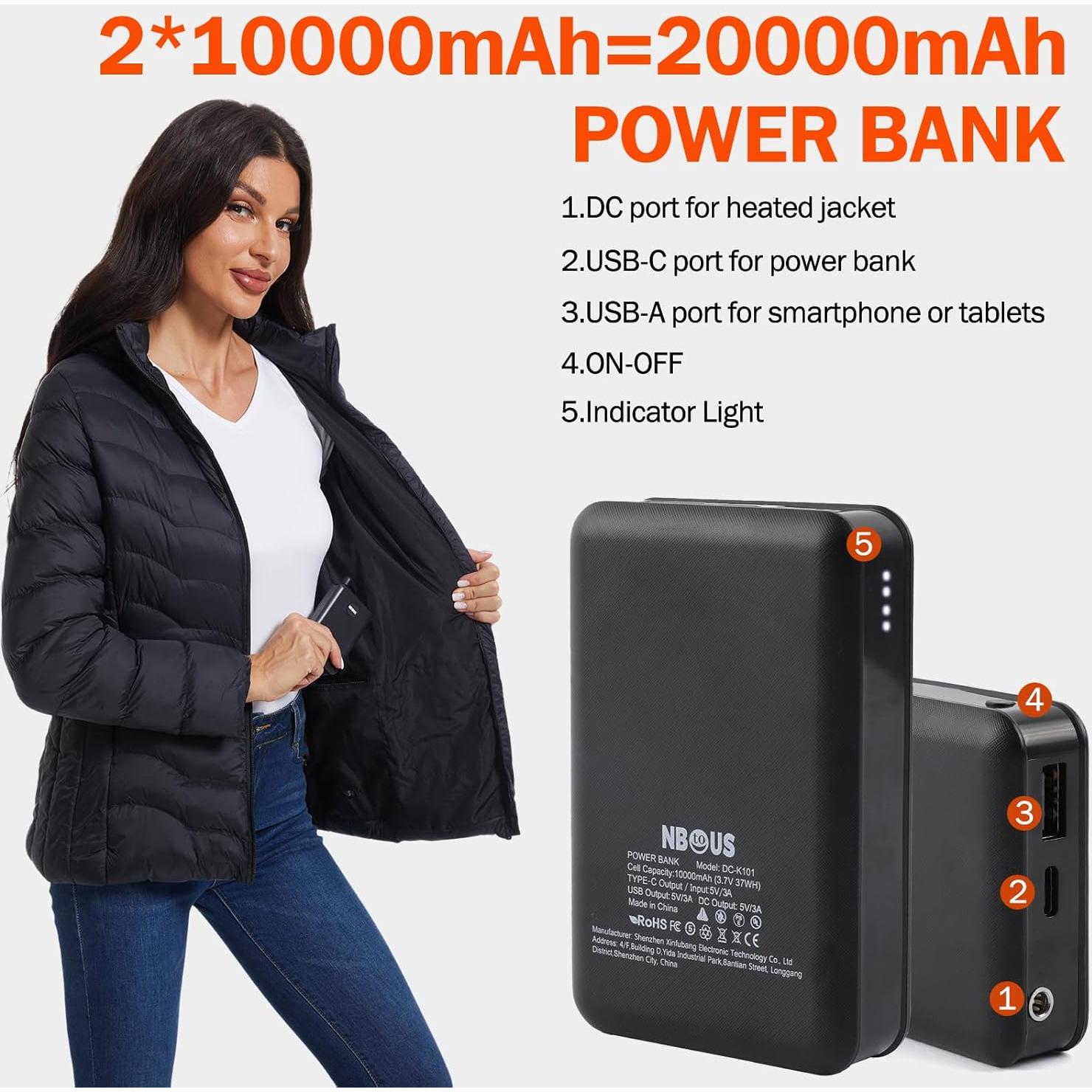 Chaqueta Térmica para Mujeres NBtoUS con 2 Baterías 10000mAh
